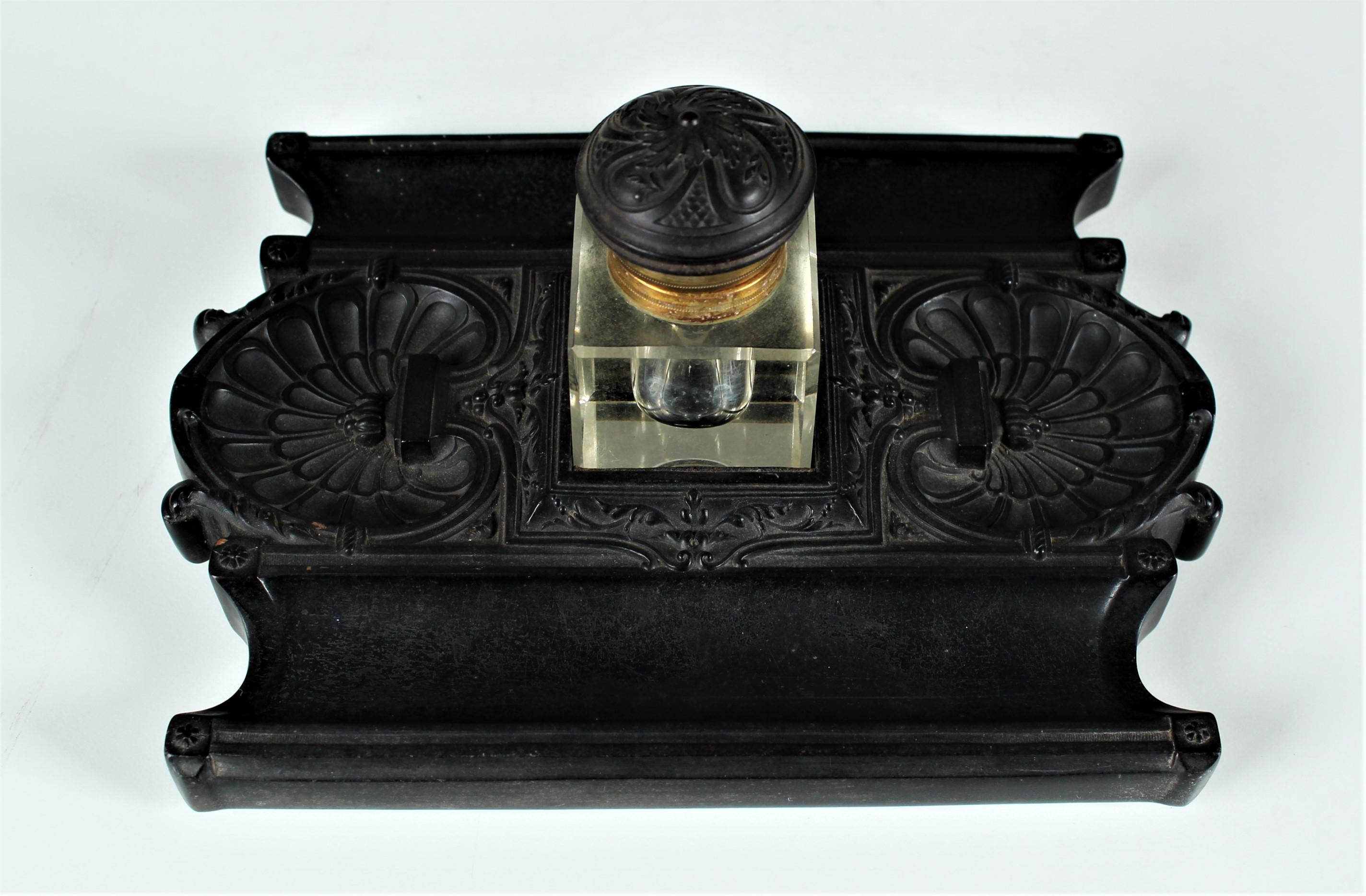 Unknown Antique Gutta-Percha Inkwell, Desk Pen Tray With Glass Insert, Circa 1880s For Sale
