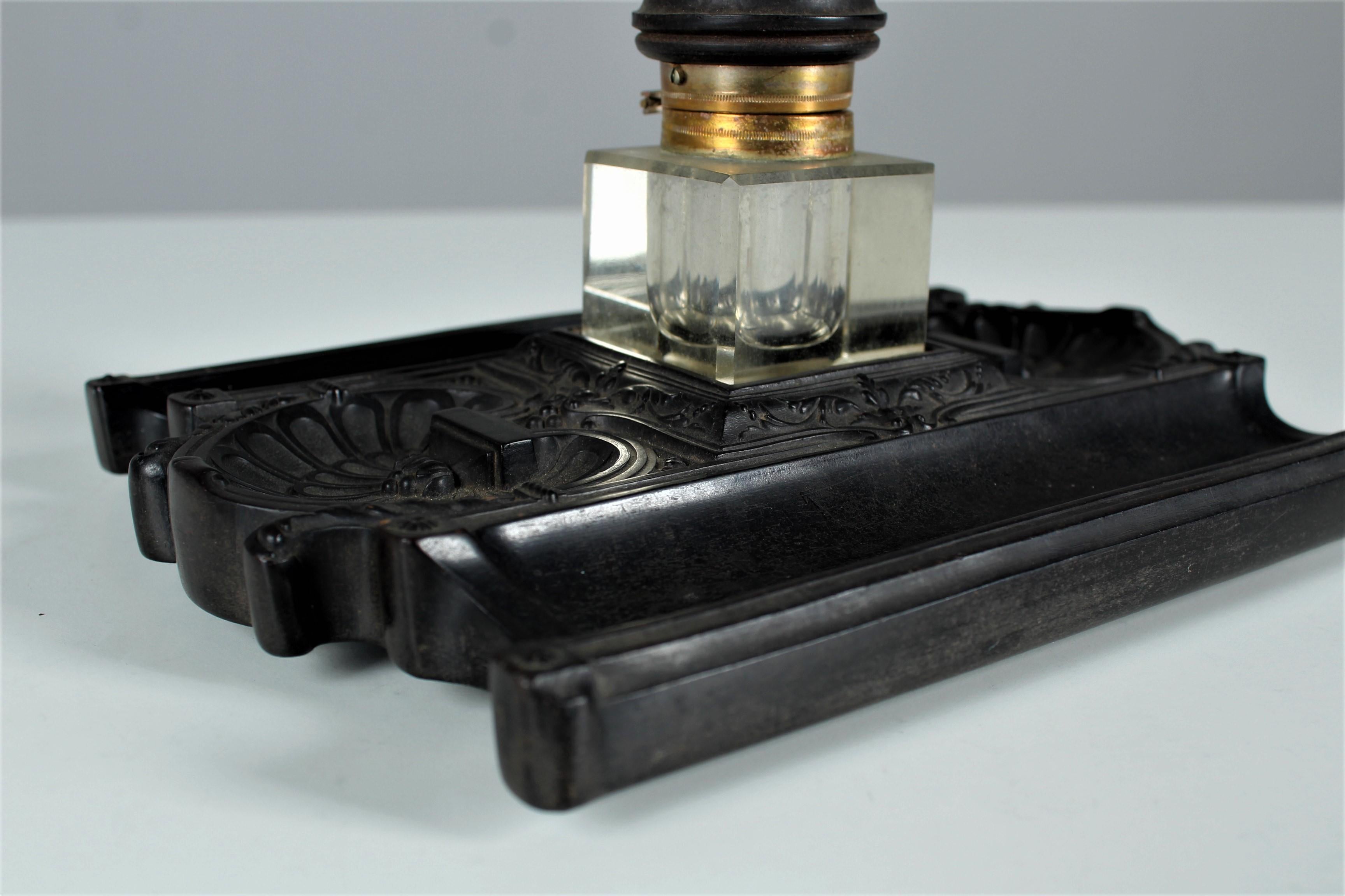 19th Century Antique Gutta-Percha Inkwell, Desk Pen Tray With Glass Insert, Circa 1880s For Sale