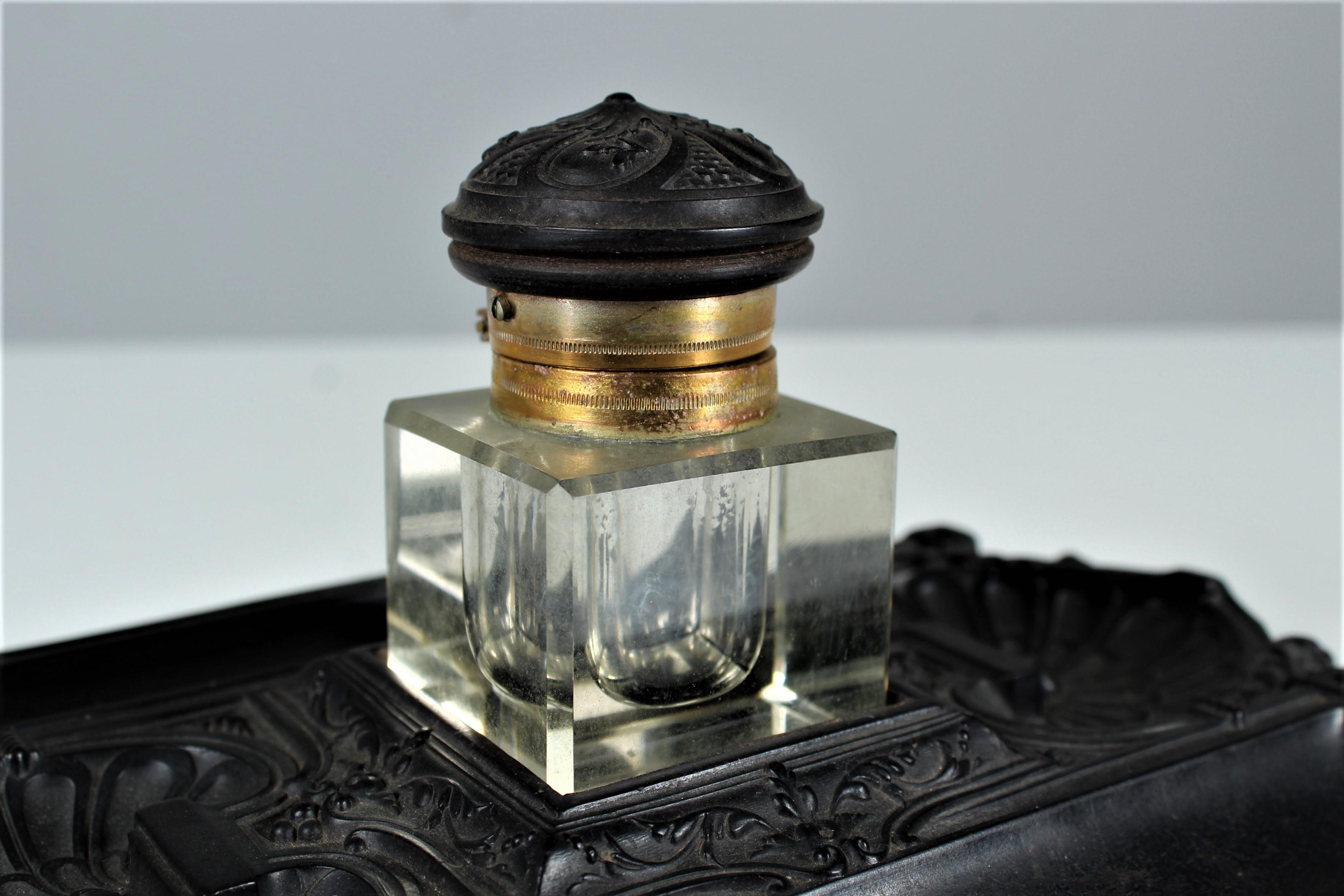 Antique Gutta-Percha Inkwell, Desk Pen Tray With Glass Insert, Circa 1880s For Sale 1