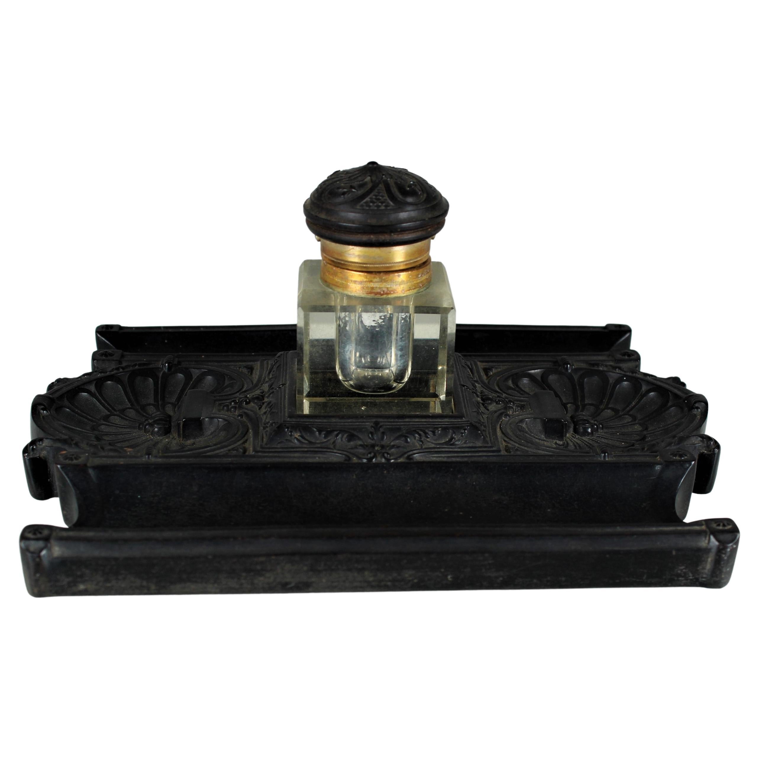 Antique Gutta-Percha Inkwell, Desk Pen Tray With Glass Insert, Circa 1880s For Sale