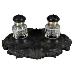 Antique Double Inkstand With Glass Inserts, Gutta-Percha, France, Circa 1880