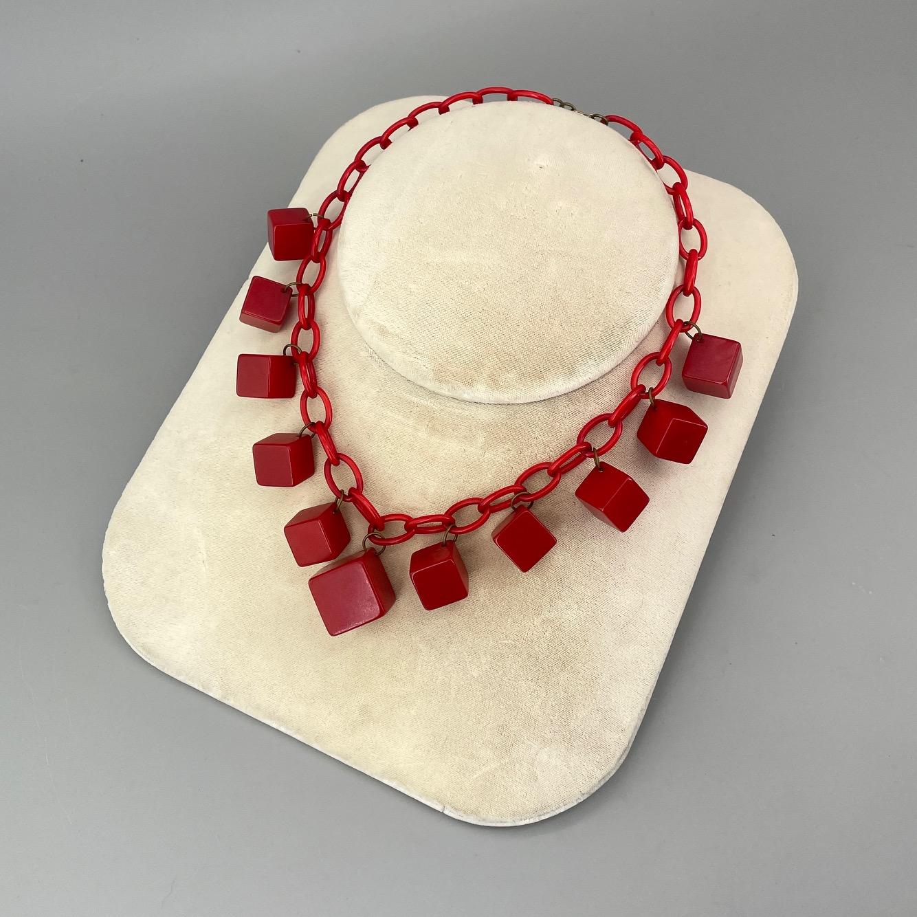 Hand-Crafted Antique Bakelite Nº11 Cubist NYC Art Deco Cherry Red Charm Necklace  For Sale