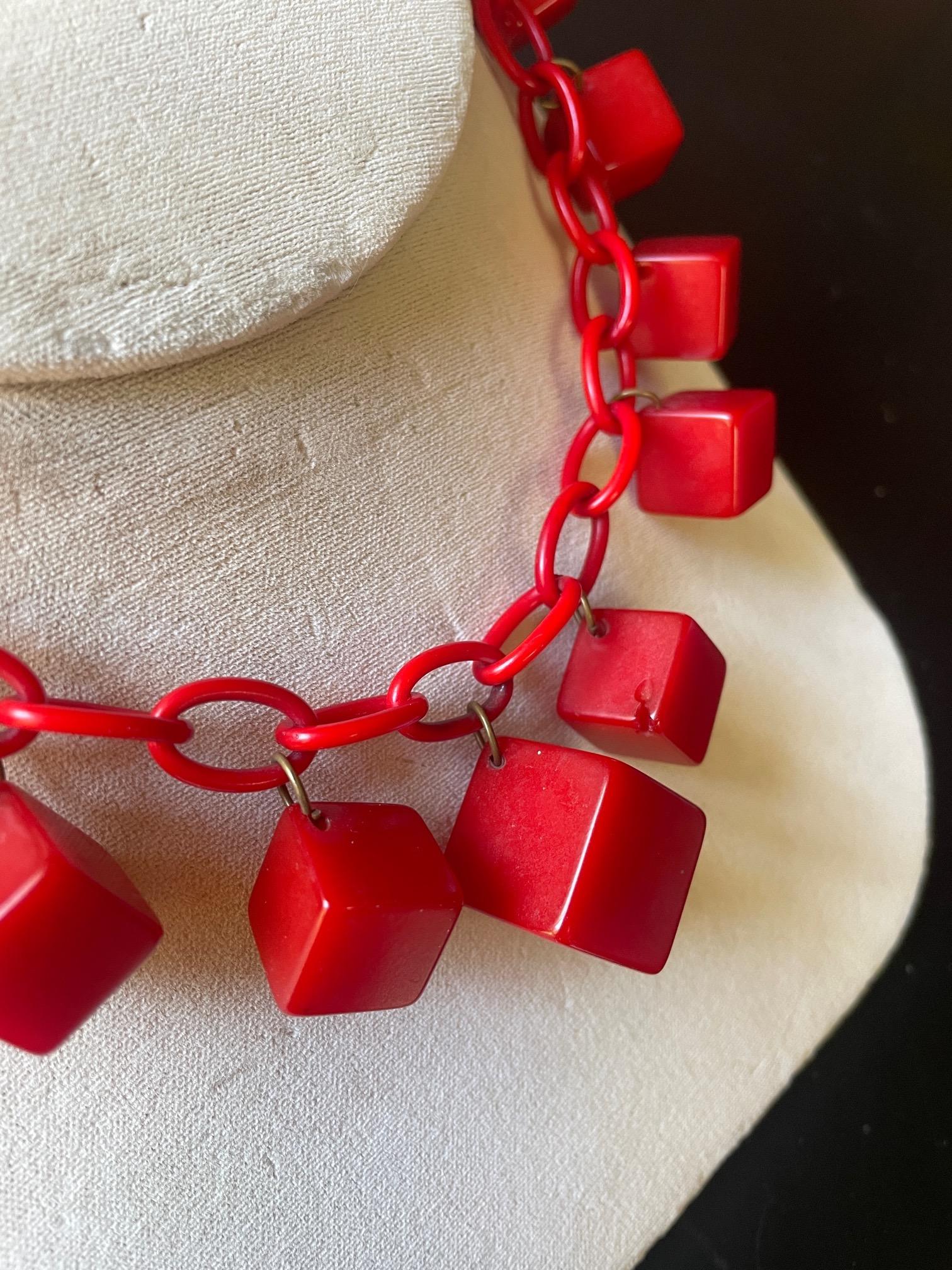 Mid-20th Century Antique Bakelite Nº11 Cubist NYC Art Deco Cherry Red Charm Necklace  For Sale