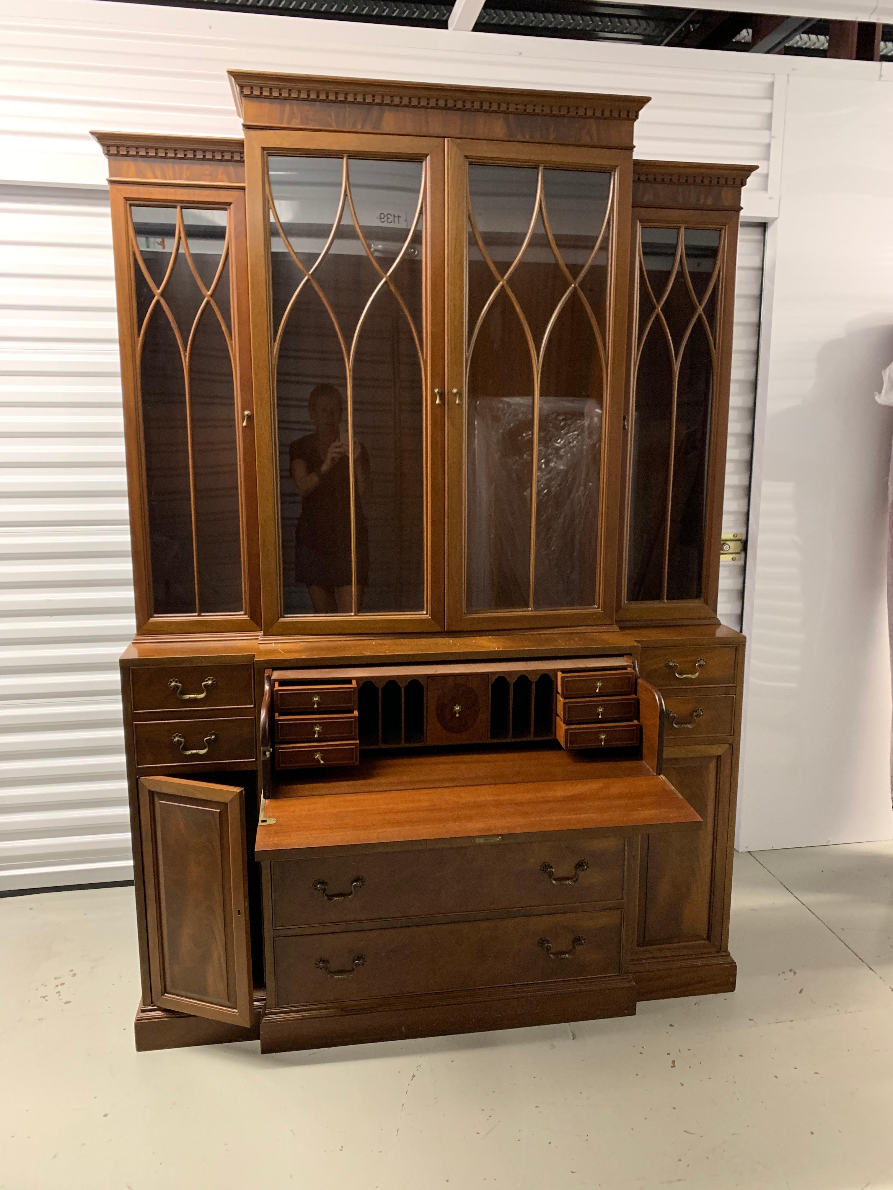 Antique Baker Glass and Walnut Breakfront and Secretaire, Slim Profile For Sale 2