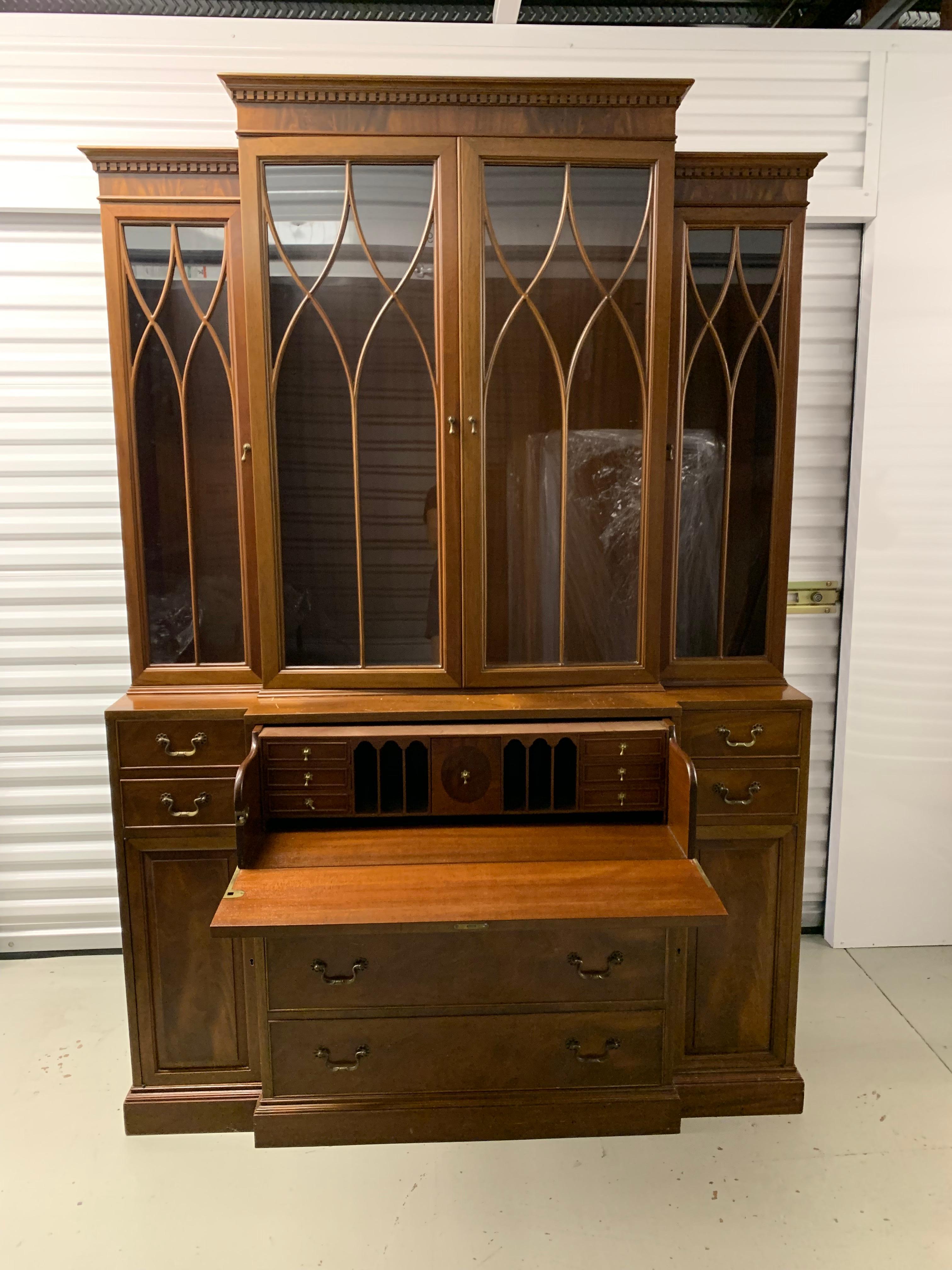 Antique Baker Glass and Walnut Breakfront and Secretaire, Slim Profile For Sale 4