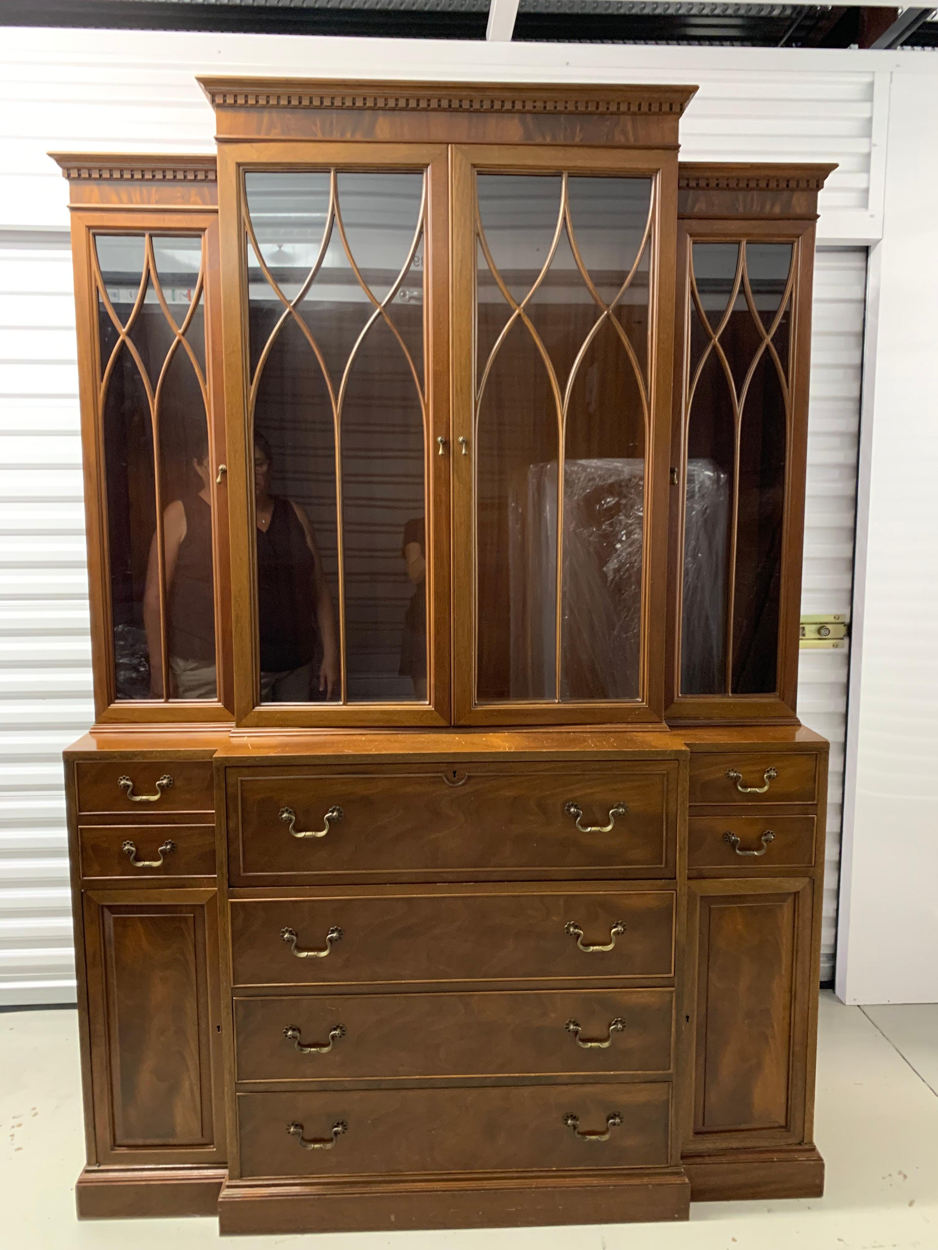 Antique Baker Glass and Walnut Breakfront and Secretaire, Slim Profile For Sale 9