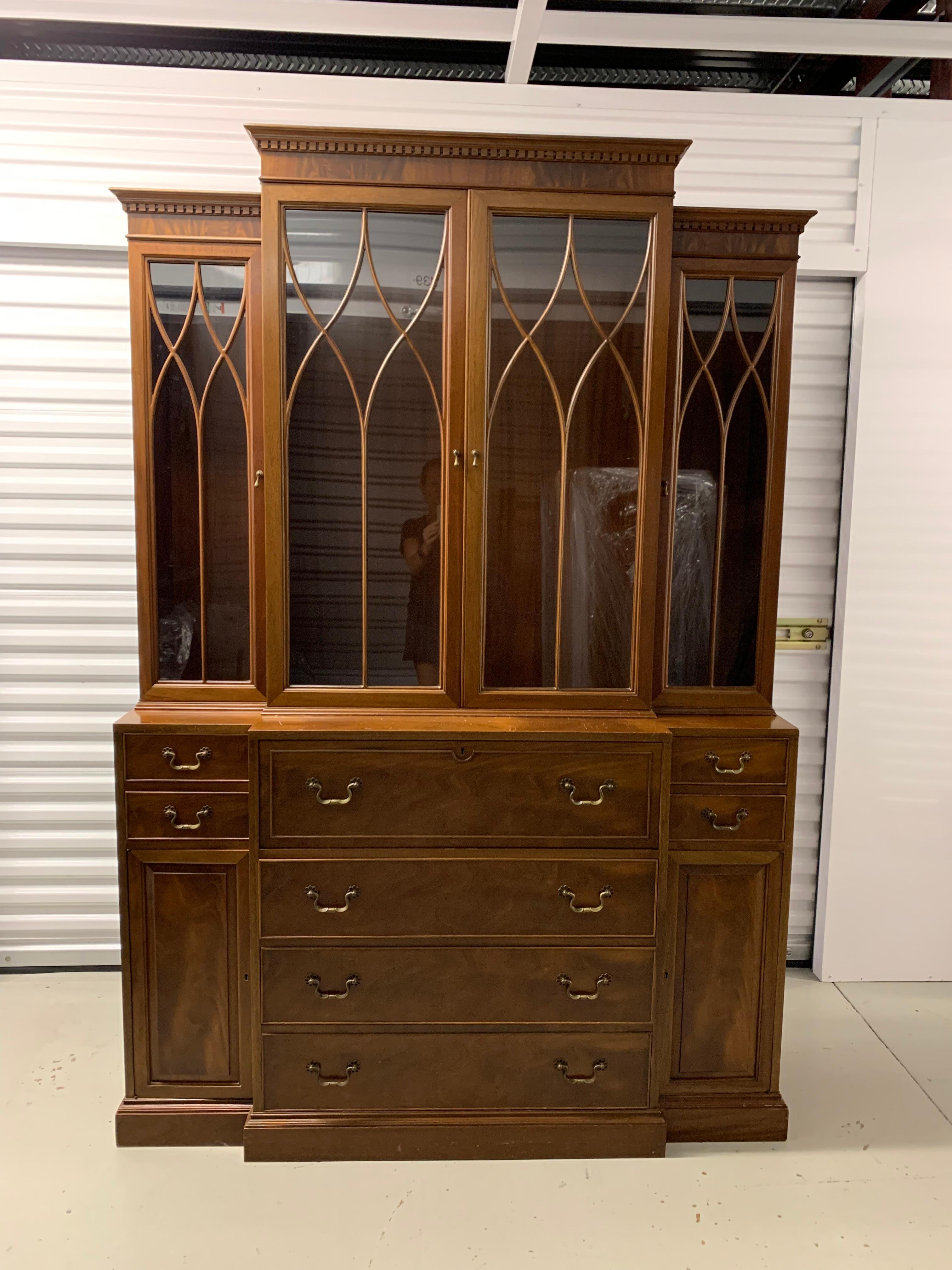 American Classical Antique Baker Glass and Walnut Breakfront and Secretaire, Slim Profile For Sale