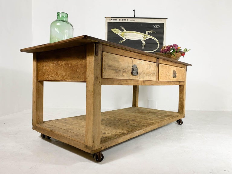 Antique Baker's Table with Hardwood Top Vintage Industrial Workbench Worktable For Sale at 1stDibs
