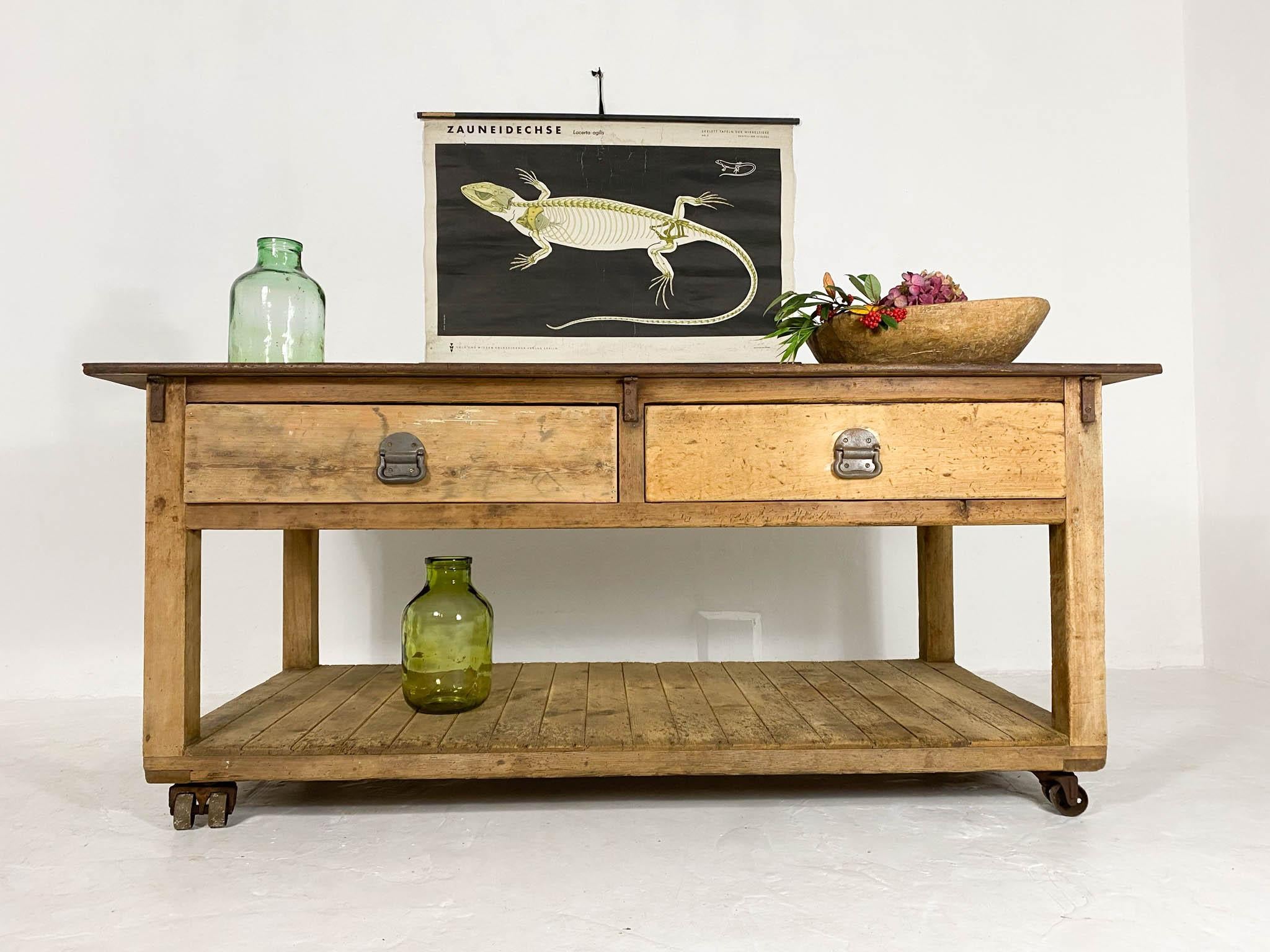 English Antique Baker's Table with Hardwood Top Vintage Industrial Workbench Worktable For Sale