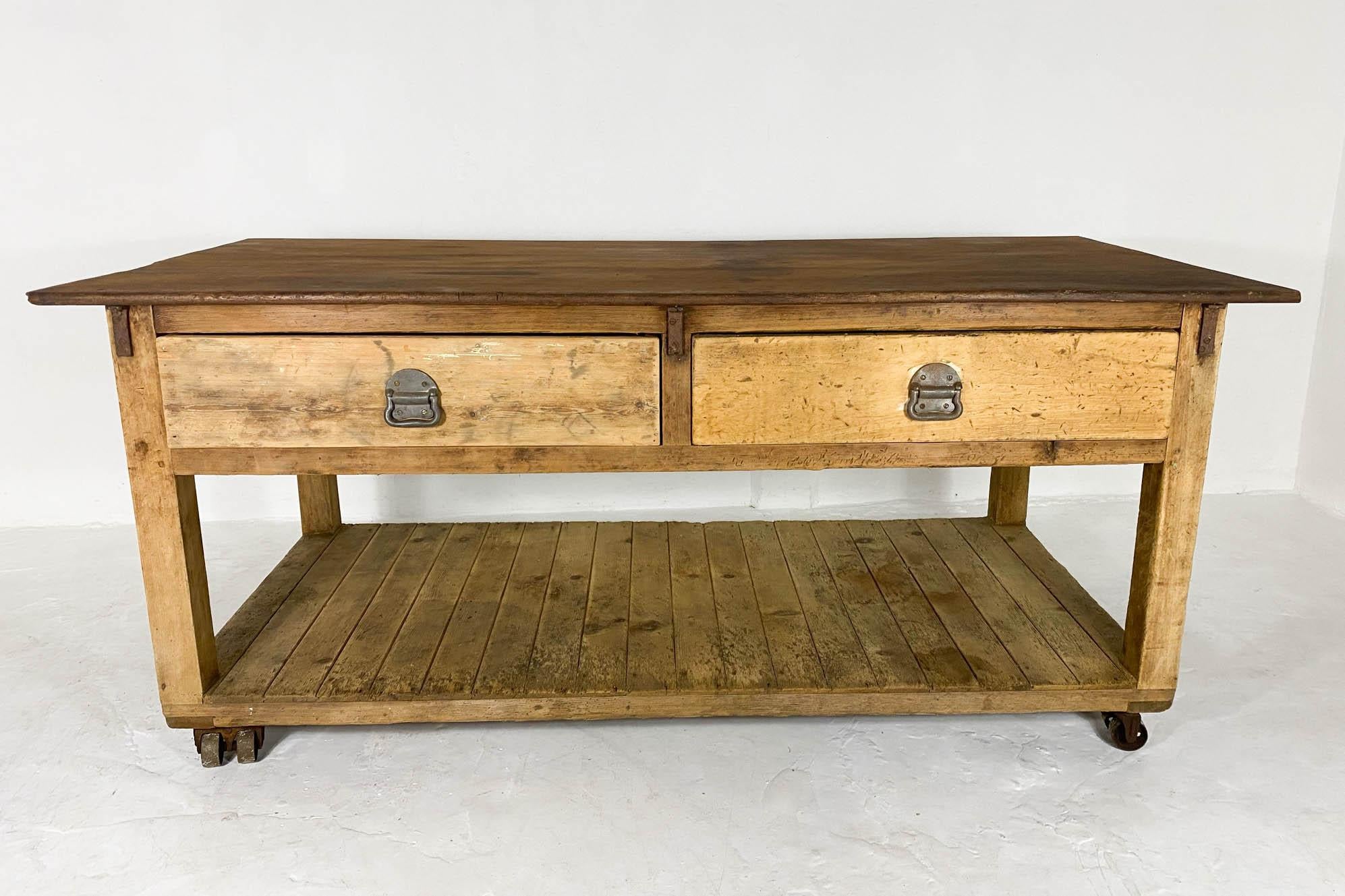 Antique Baker's Table with Hardwood Top Vintage Industrial Workbench Worktable For Sale 1