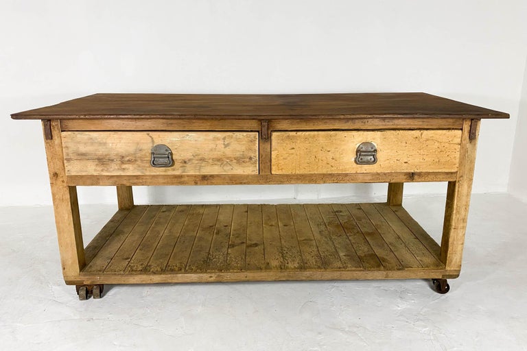 Antique Baker's Table with Hardwood Top Vintage Industrial Workbench
