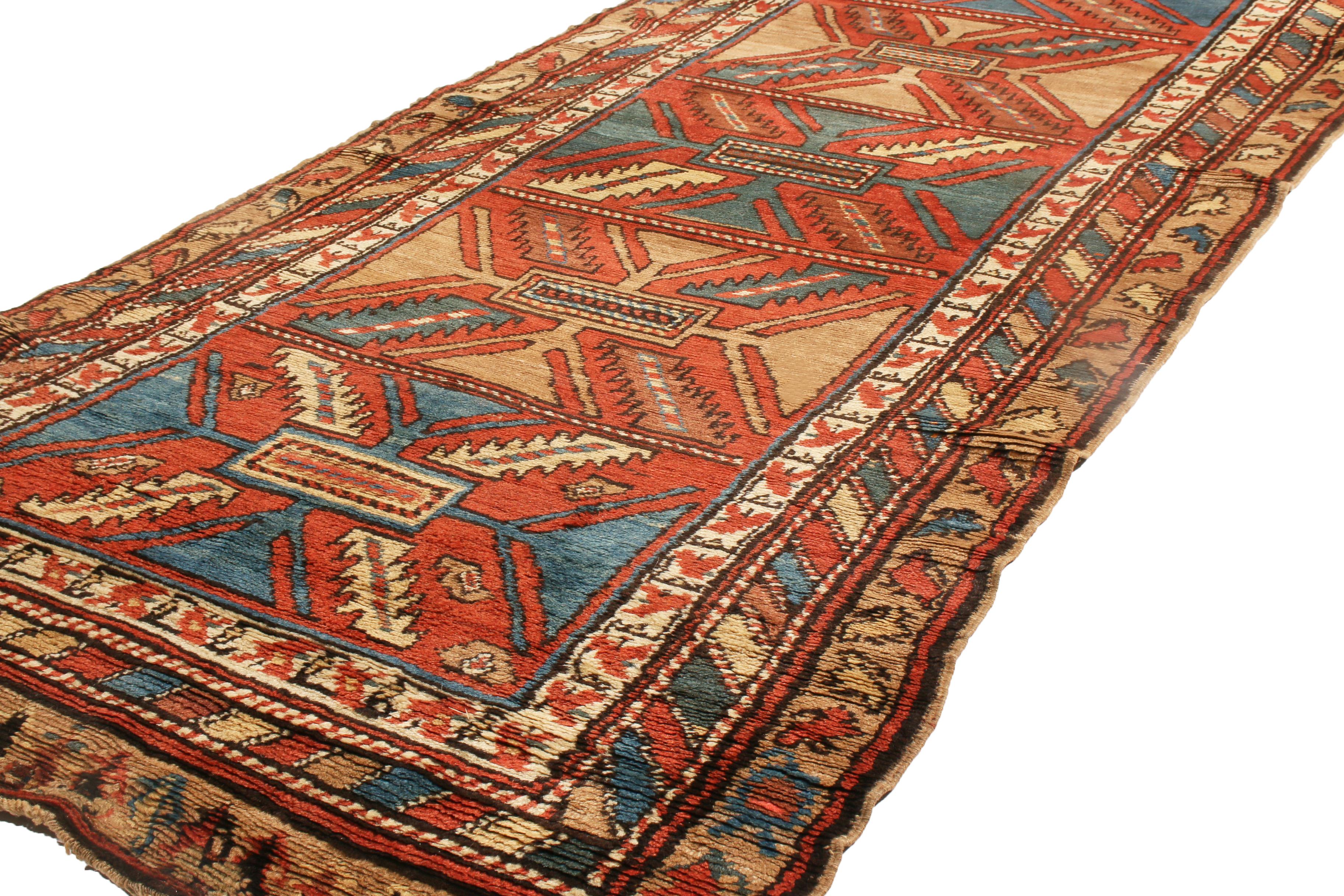 Hand-Knotted Antique Bakhshaish Red and Blue Geometric Wool Persian Runner with Bronze