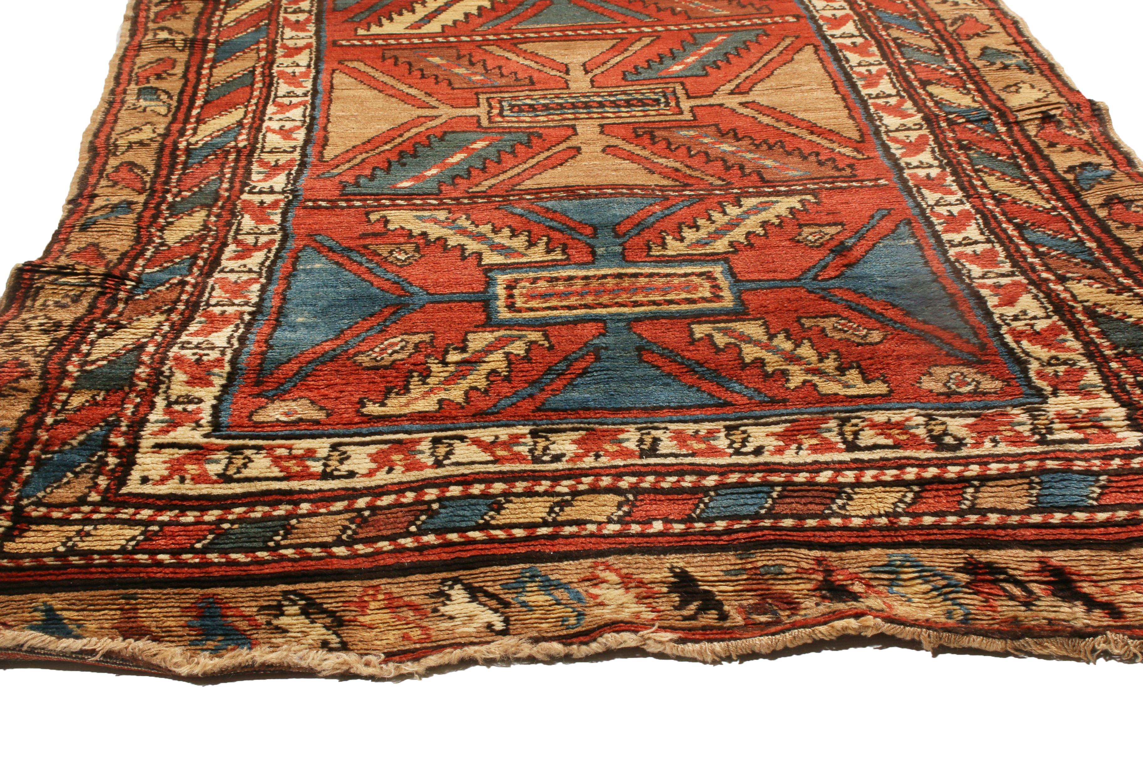 Early 20th Century Antique Bakhshaish Red and Blue Geometric Wool Persian Runner with Bronze