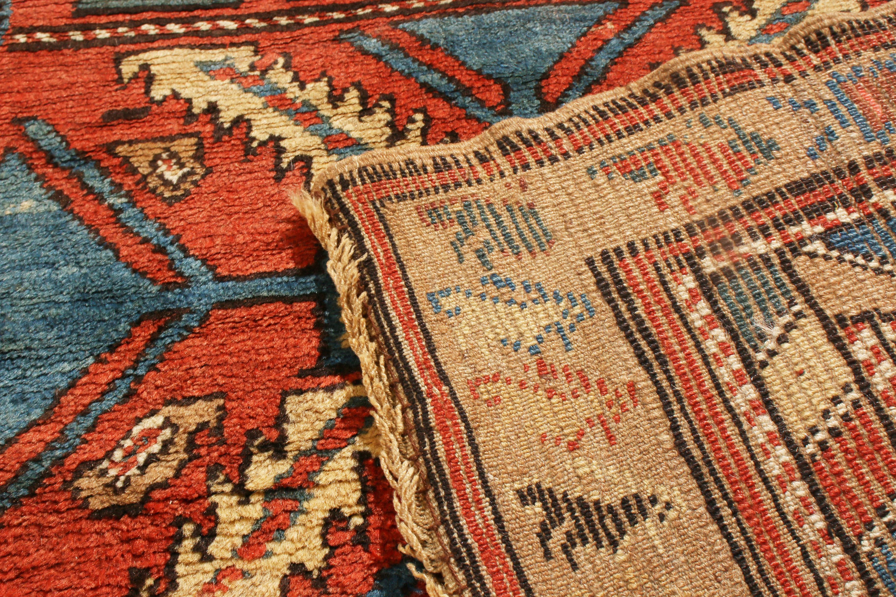 Early 20th Century Antique Bakhshaish Red and Blue Geometric Wool Persian Runner by Rug & Kilim For Sale