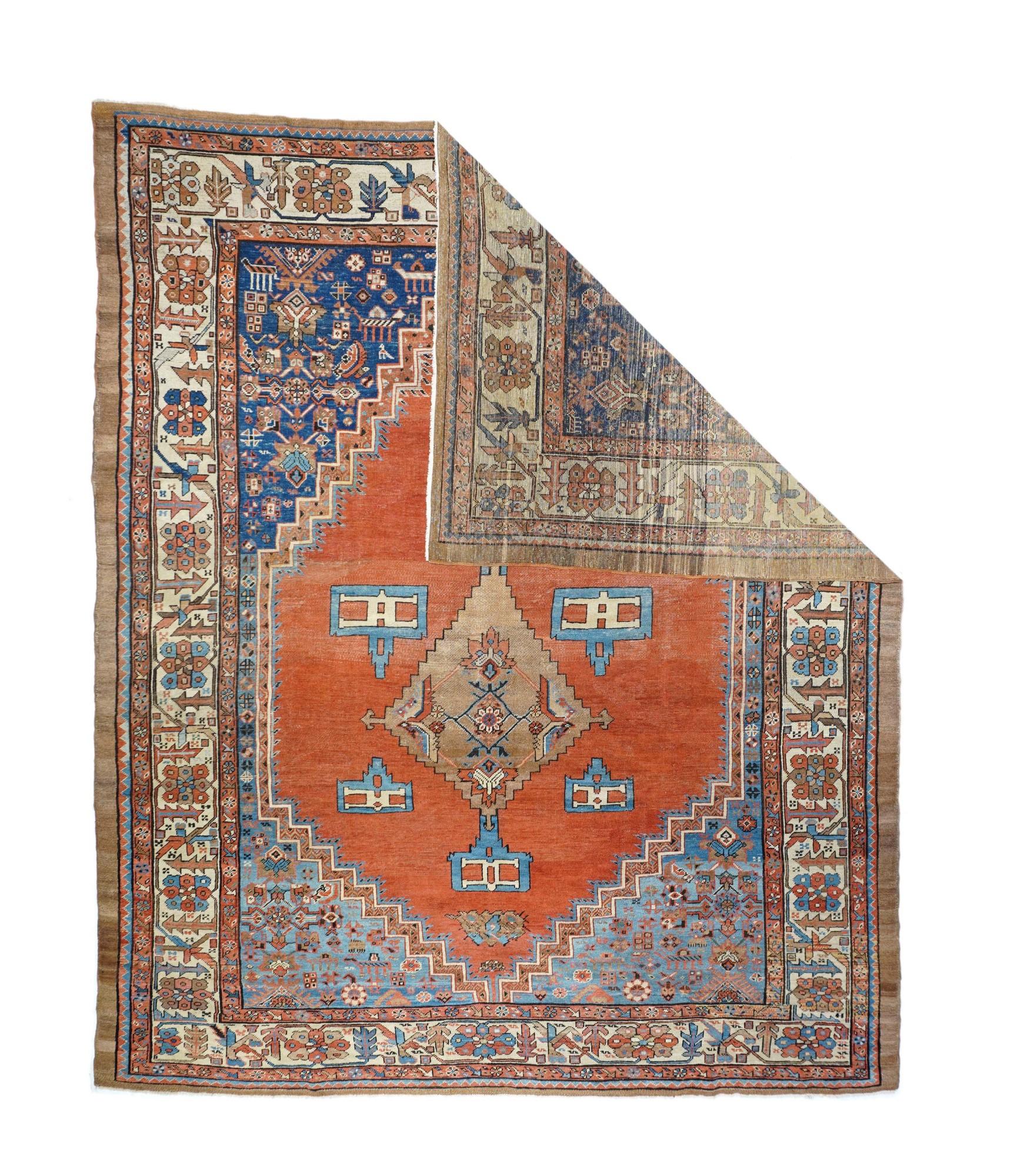 This C. 1880 Heriz carpet shows an amusingly downset rust subfield, on an abrashed light to medium blue field, enlarging to Herati and animal corners. Giant Herati nodule fills the centre of the stepped salmon medallion. Six rectangular light blue