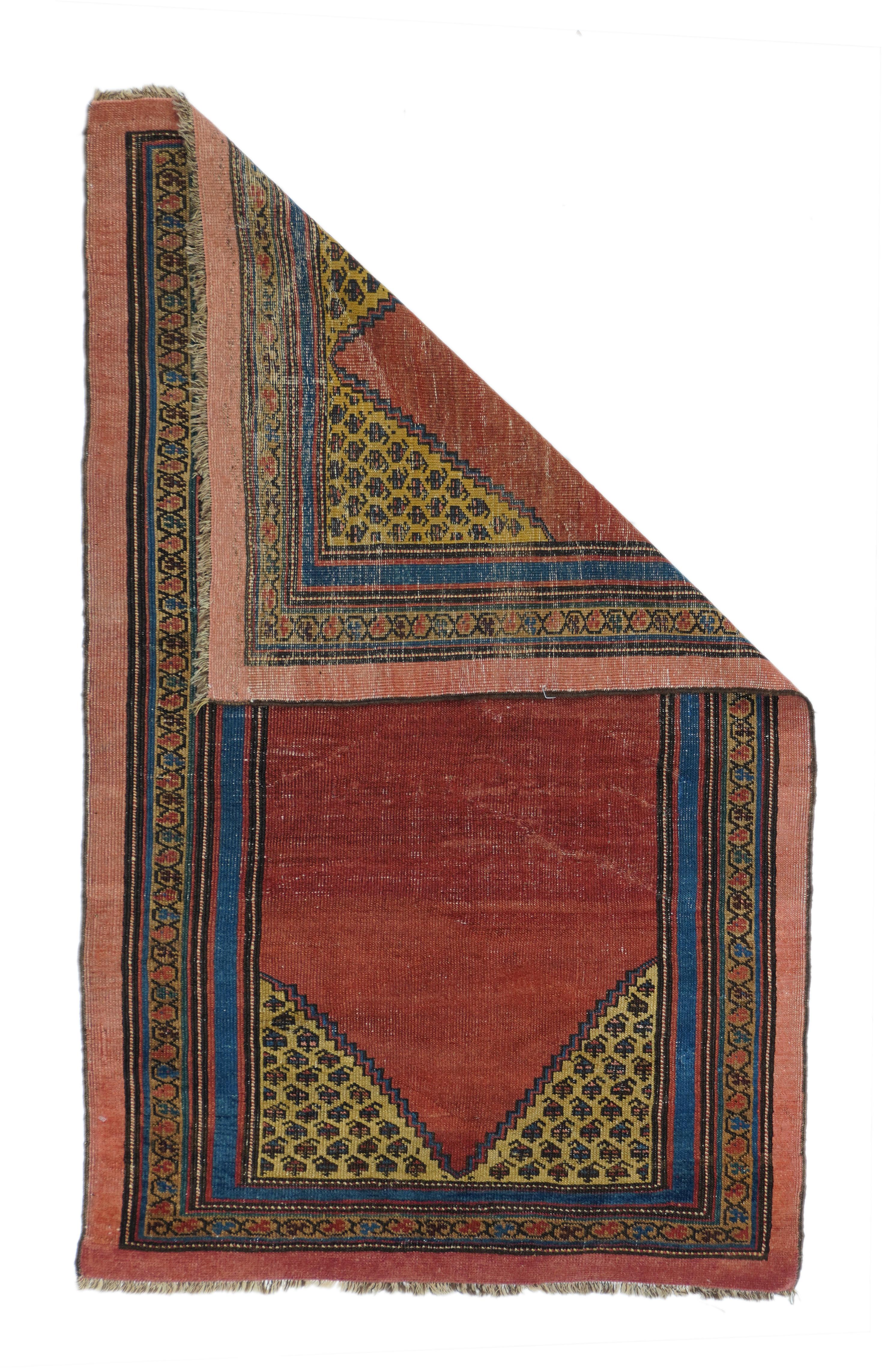 An attractive example of a relatively small production of plain field scatters, on wool or cotton, from the Heriz district around 1900. Madder red plain field with pointed ends and straw boteh corners. Plain blue inner stripe and camel-straw border