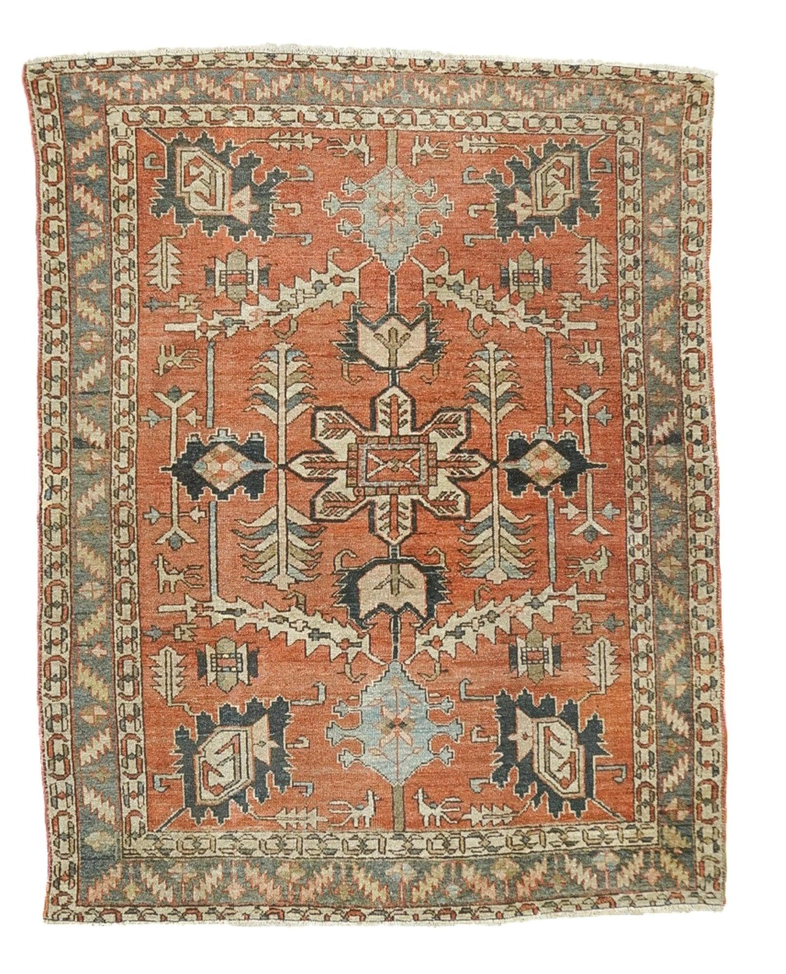 Antique Bakhshayesh Rug 5' x 6'4''. The rust madder field of this charming NW Persian rustic scatter shows giant, strongly serrated curved leaves defining the central area with a focal ecru octofoil. Tiny peacocks enliven the décor. Corner motives