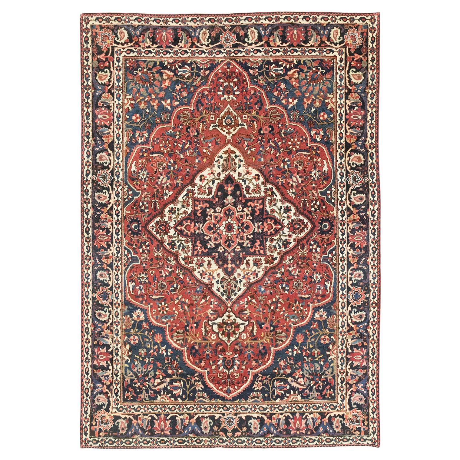 Antique Bakhtiar Rug, Hand Knotted, 10.0 × 6.6 ft – Red, Navy Blue and Ivory im Angebot