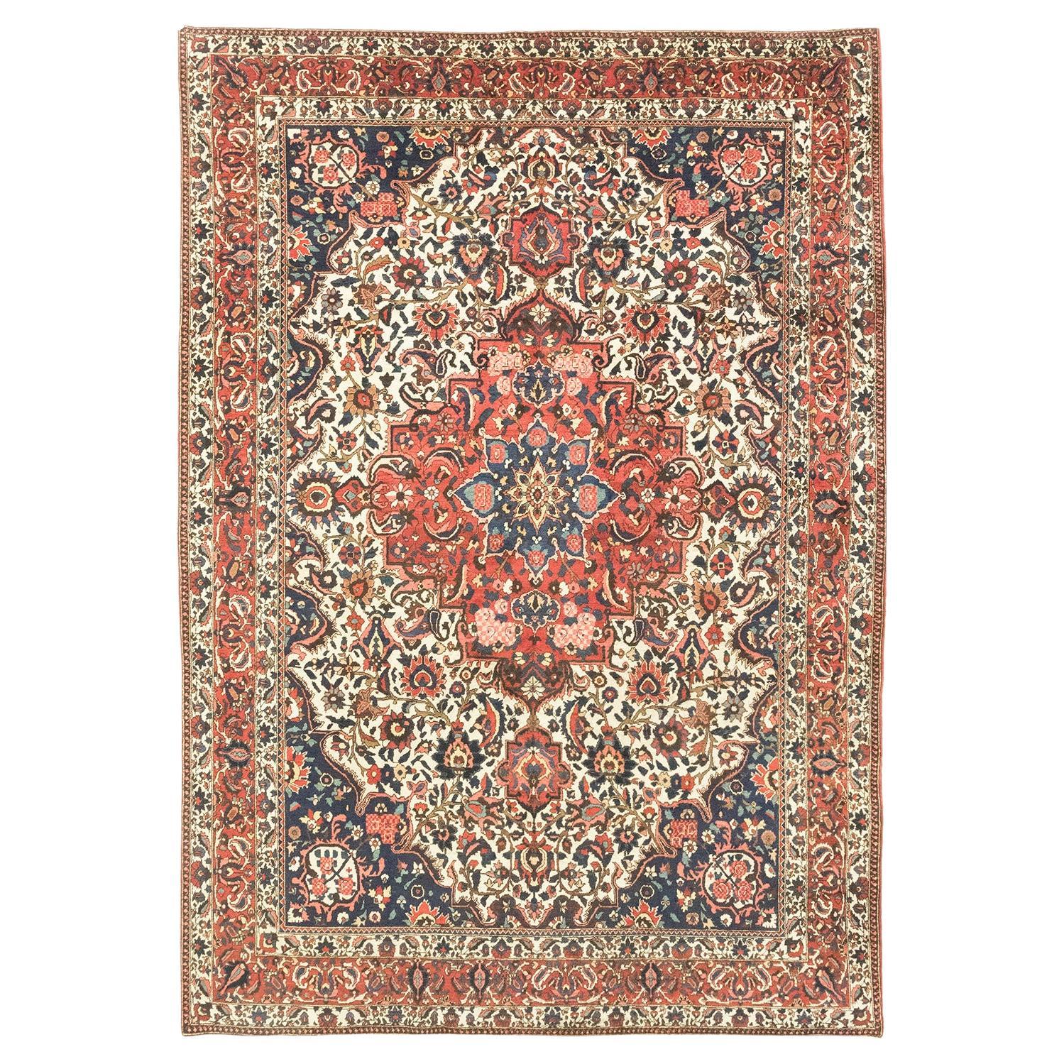 Antiker Bakhtiar Teppich, handgeknüpft, 12.5x8.9 ft - Rot, Elfenbein & Marine