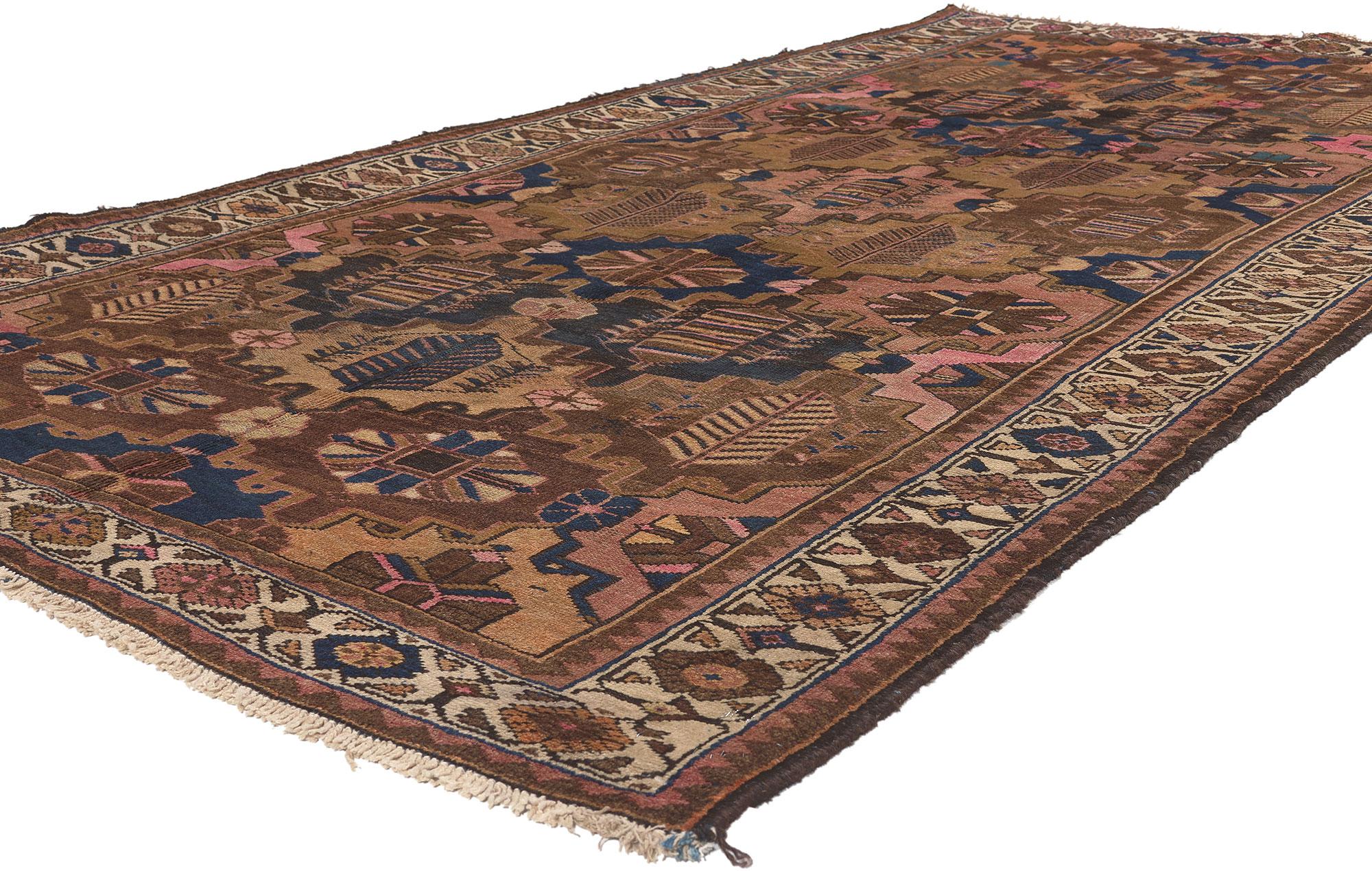 75267 antique Bakhtiari area rug with Four Seasons Garden design. Warm and playful colors integrated with a softened patina, this antique Persian Bakhtiari rug with four seasons garden design features a traditional modern style. Classically composed