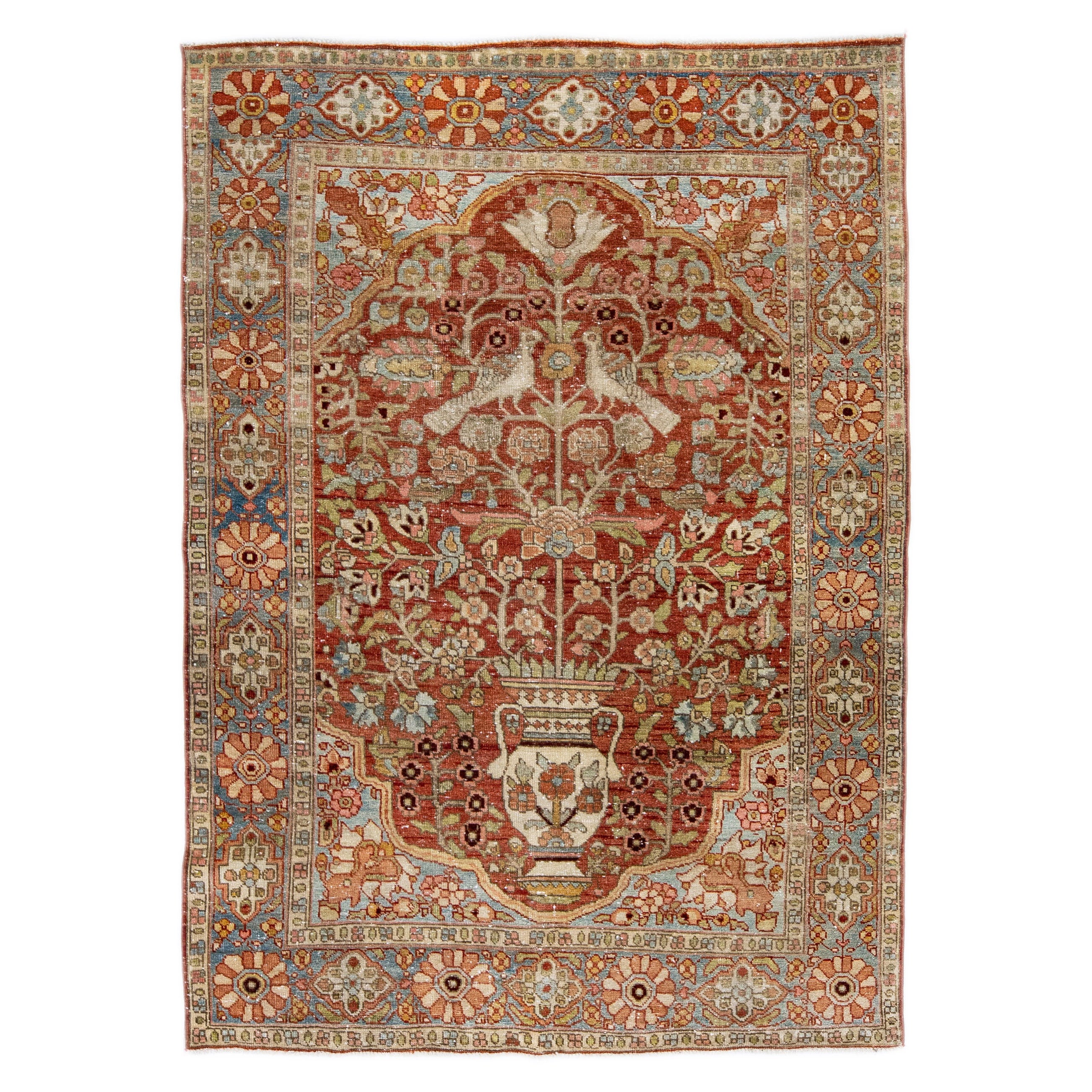 Alfombra de lana antigua Bakhtiari Persa Medallion Rust Scatter hecha a mano en venta