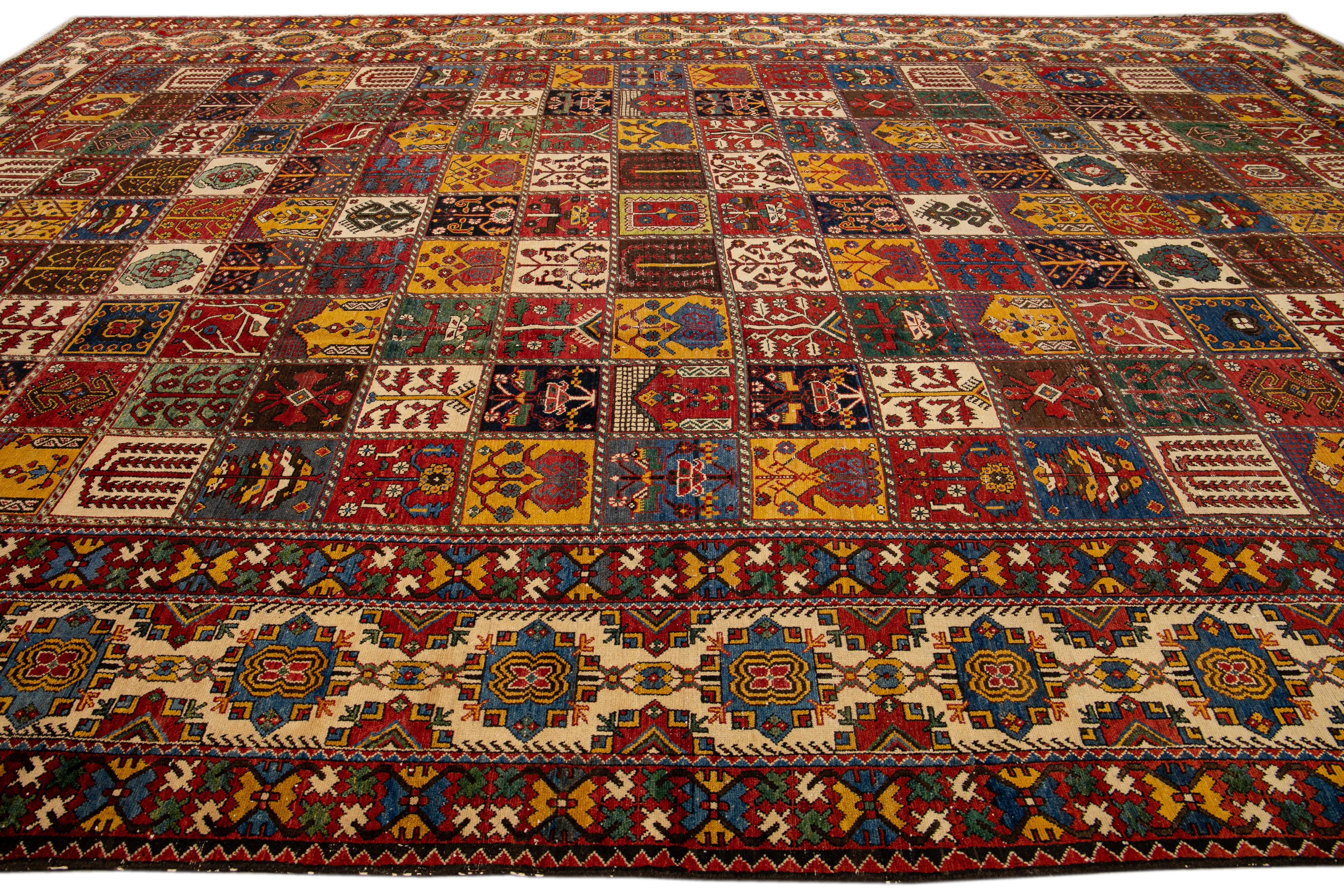 Antique Bakhtiari Persian Handmade Multi Designed Red Oversize Wool Rug In Excellent Condition For Sale In Norwalk, CT