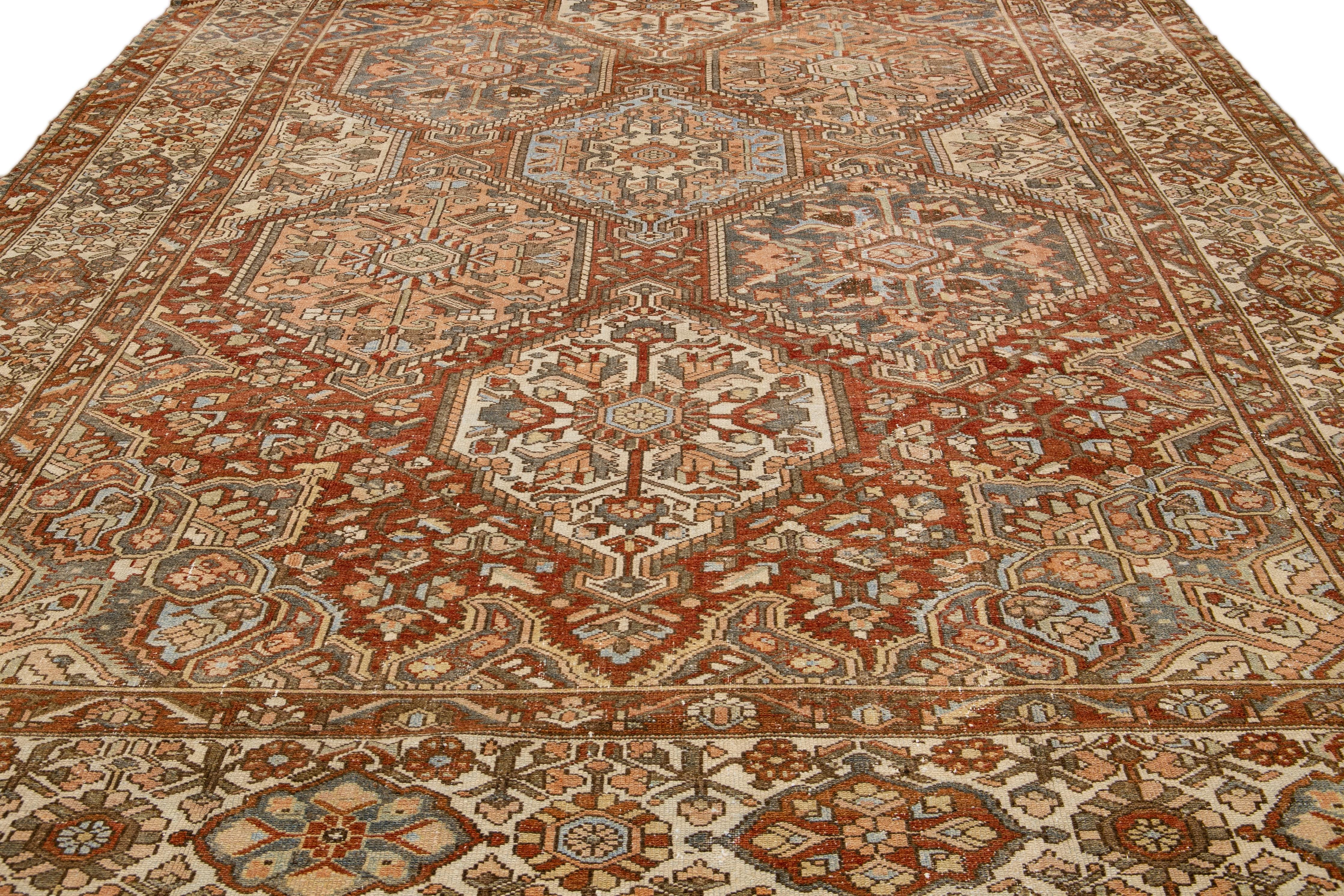 Bakshaish Antique Bakhtiari Persian Handmade Multi Medallion Rust Oversize Wool Rug For Sale