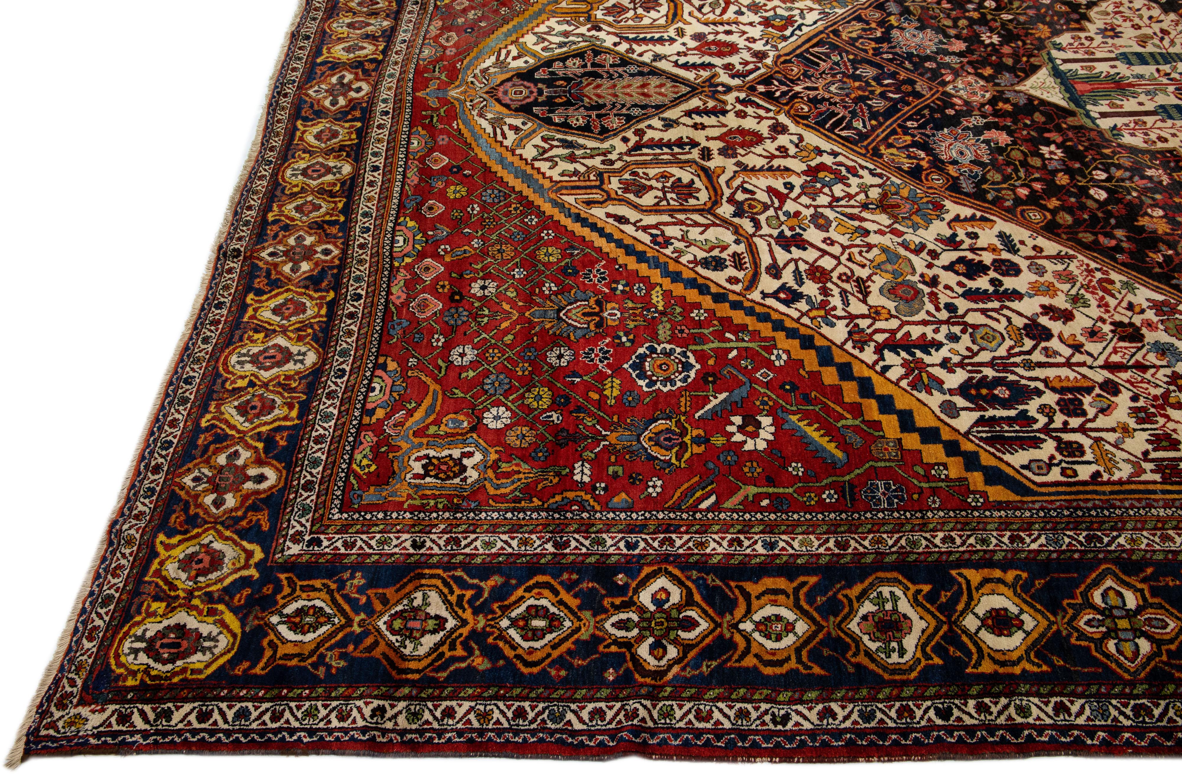 Hand-Knotted Antique Bakhtiari Persian Handmade Red and Blue Floral Oversize Wool Rug For Sale
