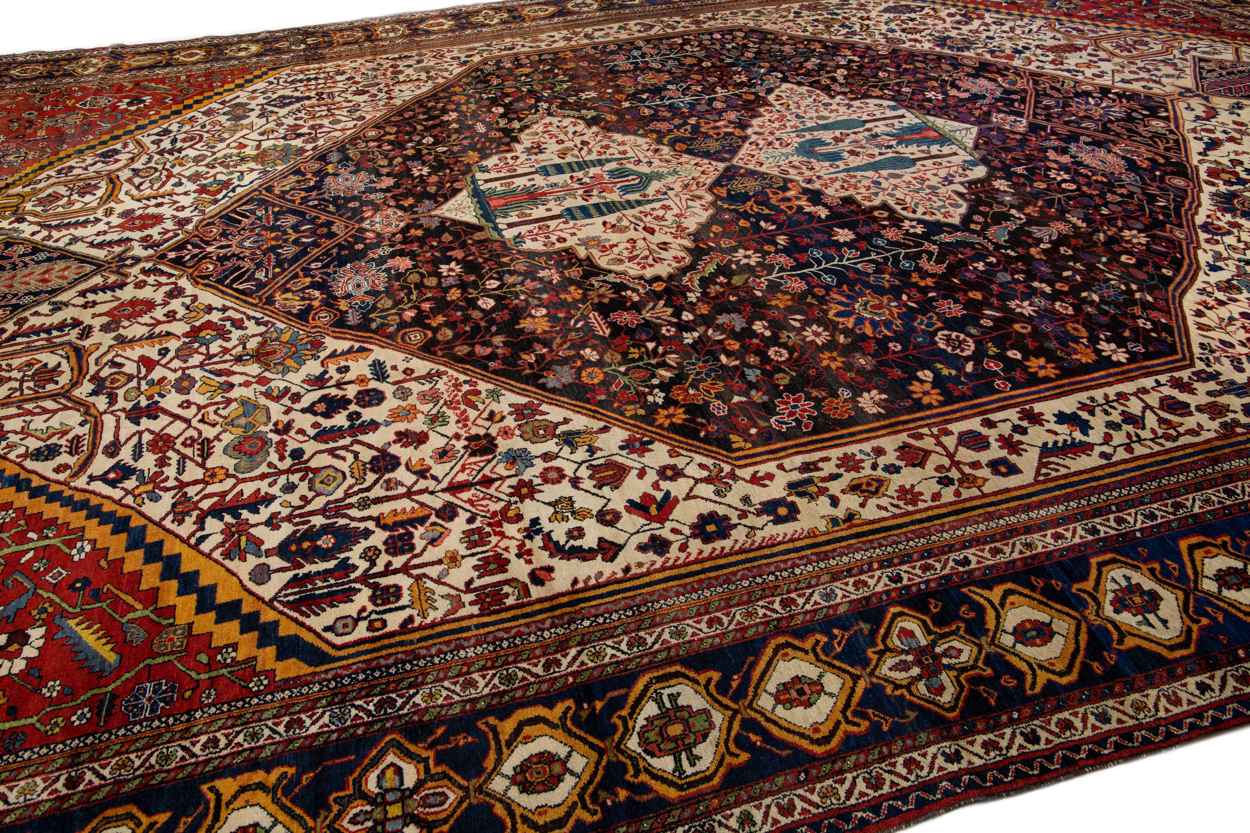 20th Century Antique Bakhtiari Persian Handmade Red and Blue Floral Oversize Wool Rug For Sale
