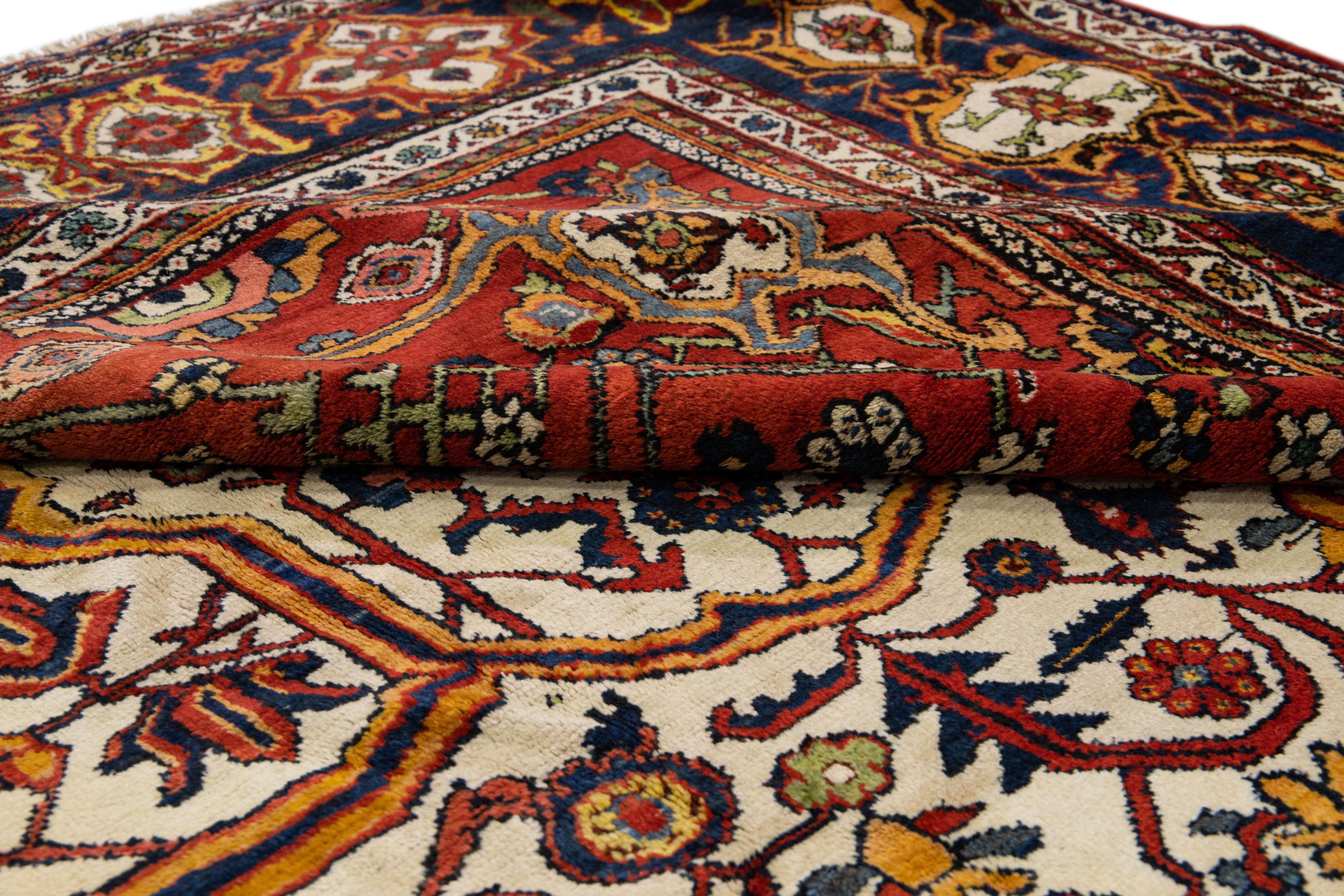 Antique Bakhtiari Persian Handmade Red and Blue Floral Oversize Wool Rug For Sale 1