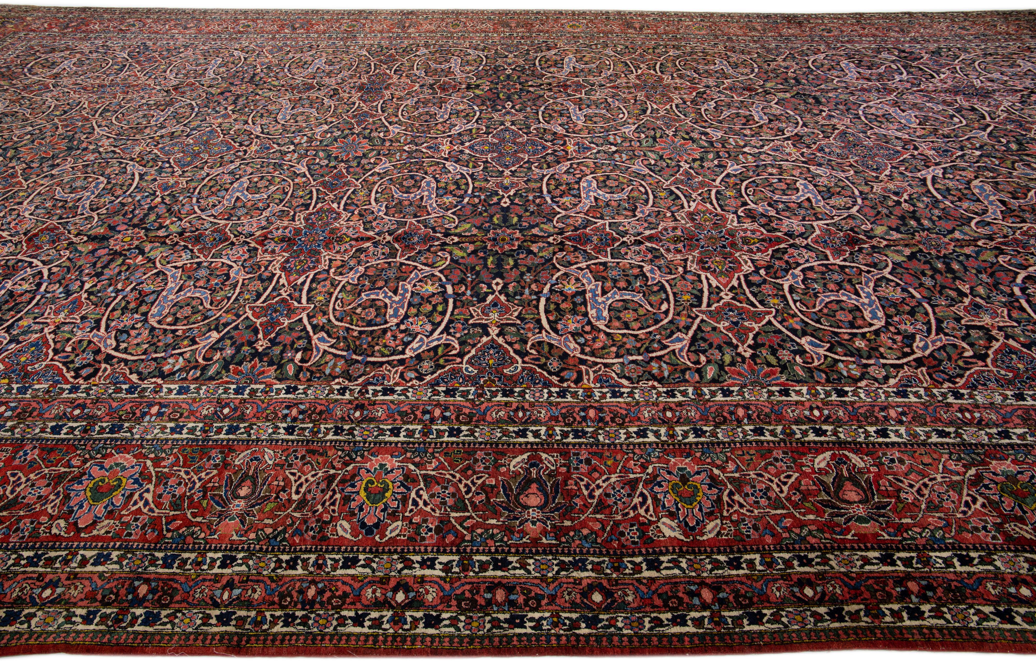 Hand-Knotted Antique Bakhtiari Persian Handmade Red & Blue Wool Rug With Floral Pattern For Sale