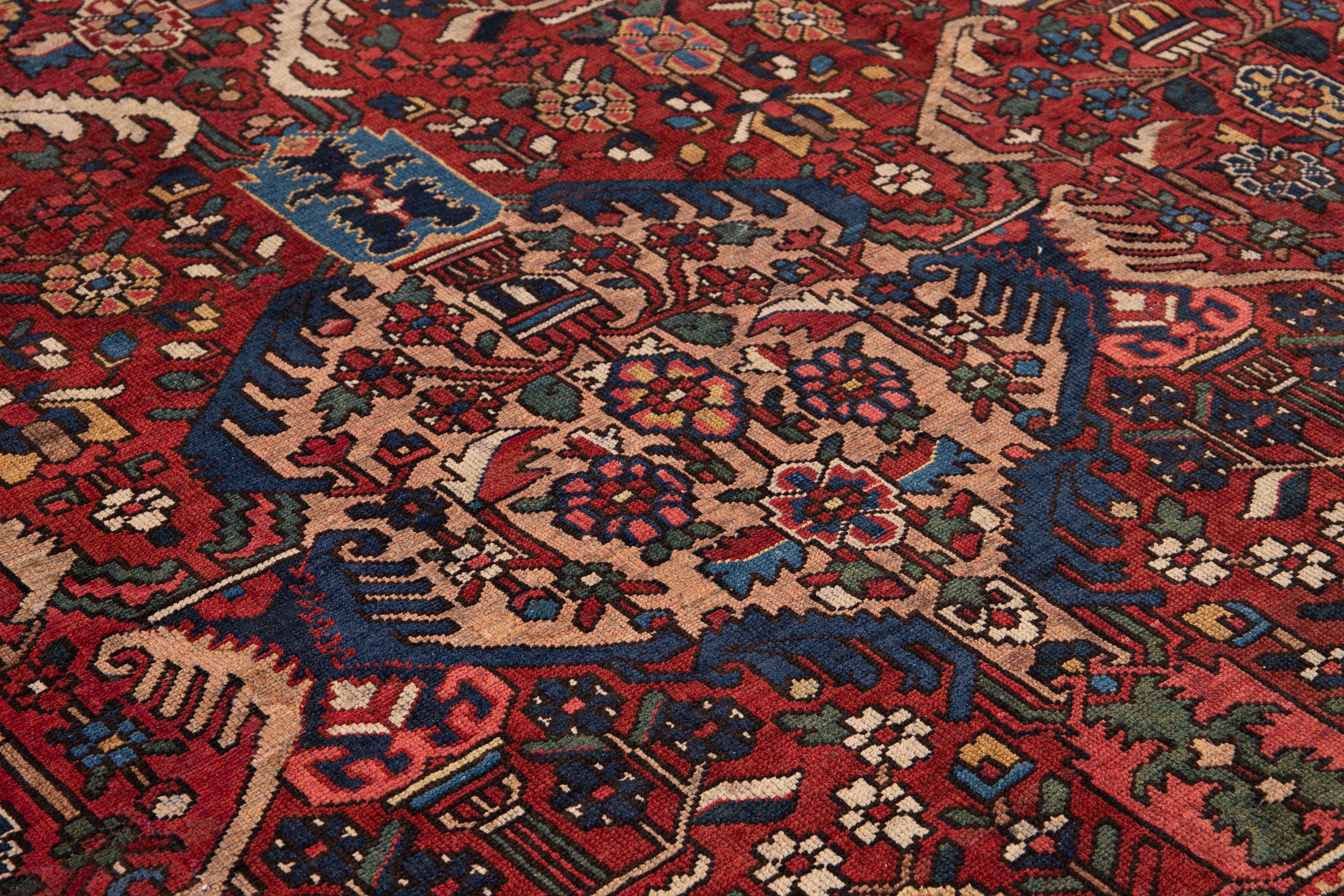 Antique Bakhtiari Persian Handmade Red Floral Wool Rug For Sale 4