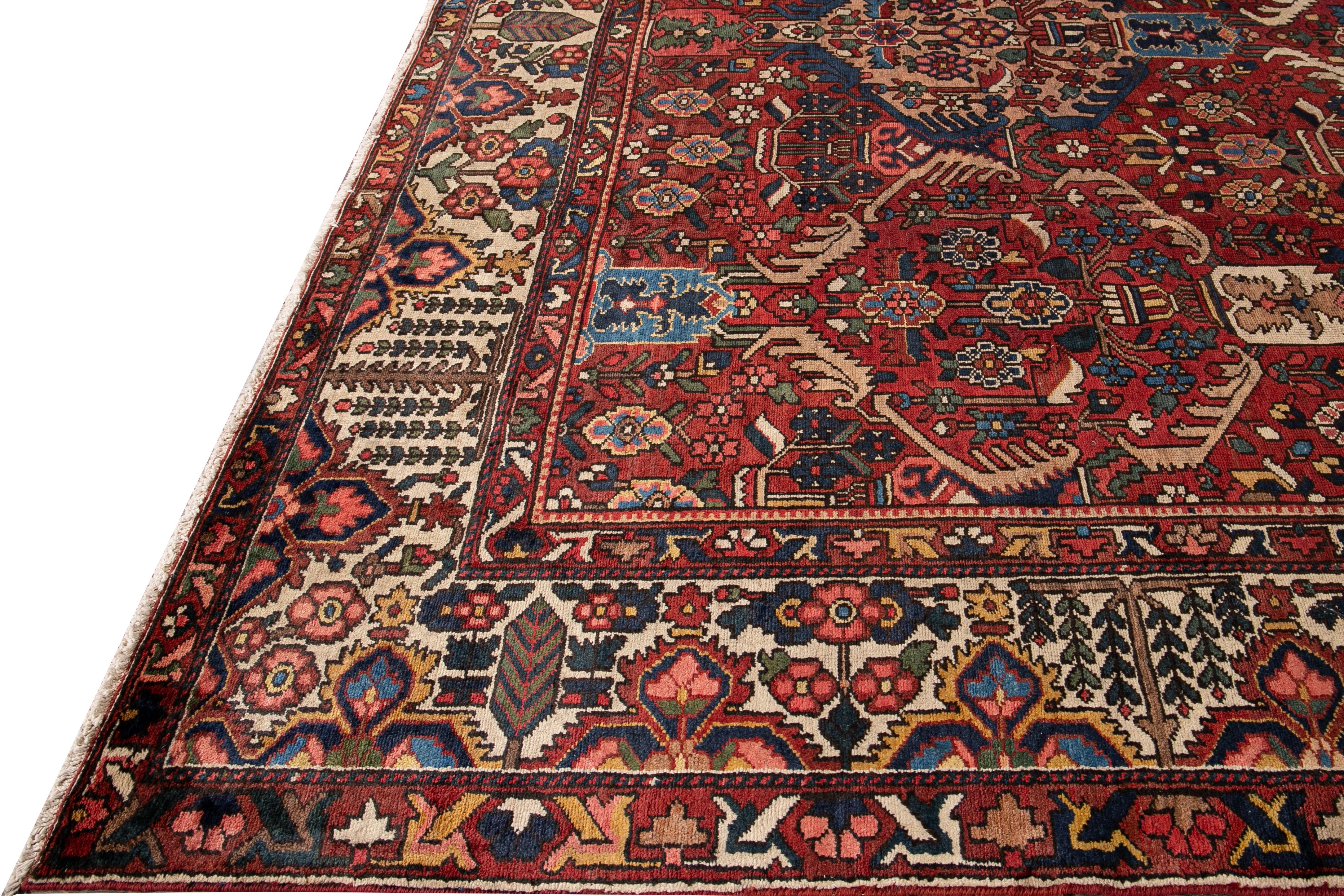 Hand-Knotted Antique Bakhtiari Persian Handmade Red Floral Wool Rug For Sale