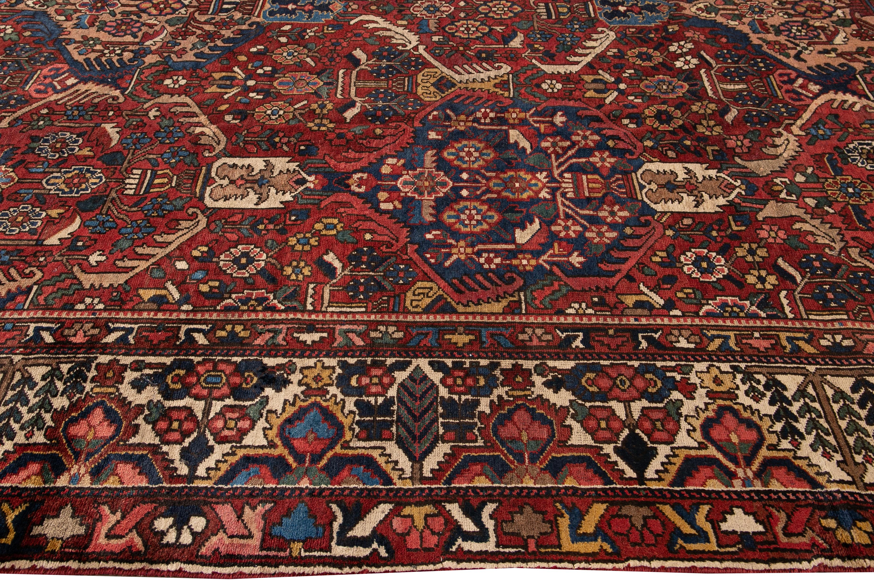 Antique Bakhtiari Persian Handmade Red Floral Wool Rug For Sale 2