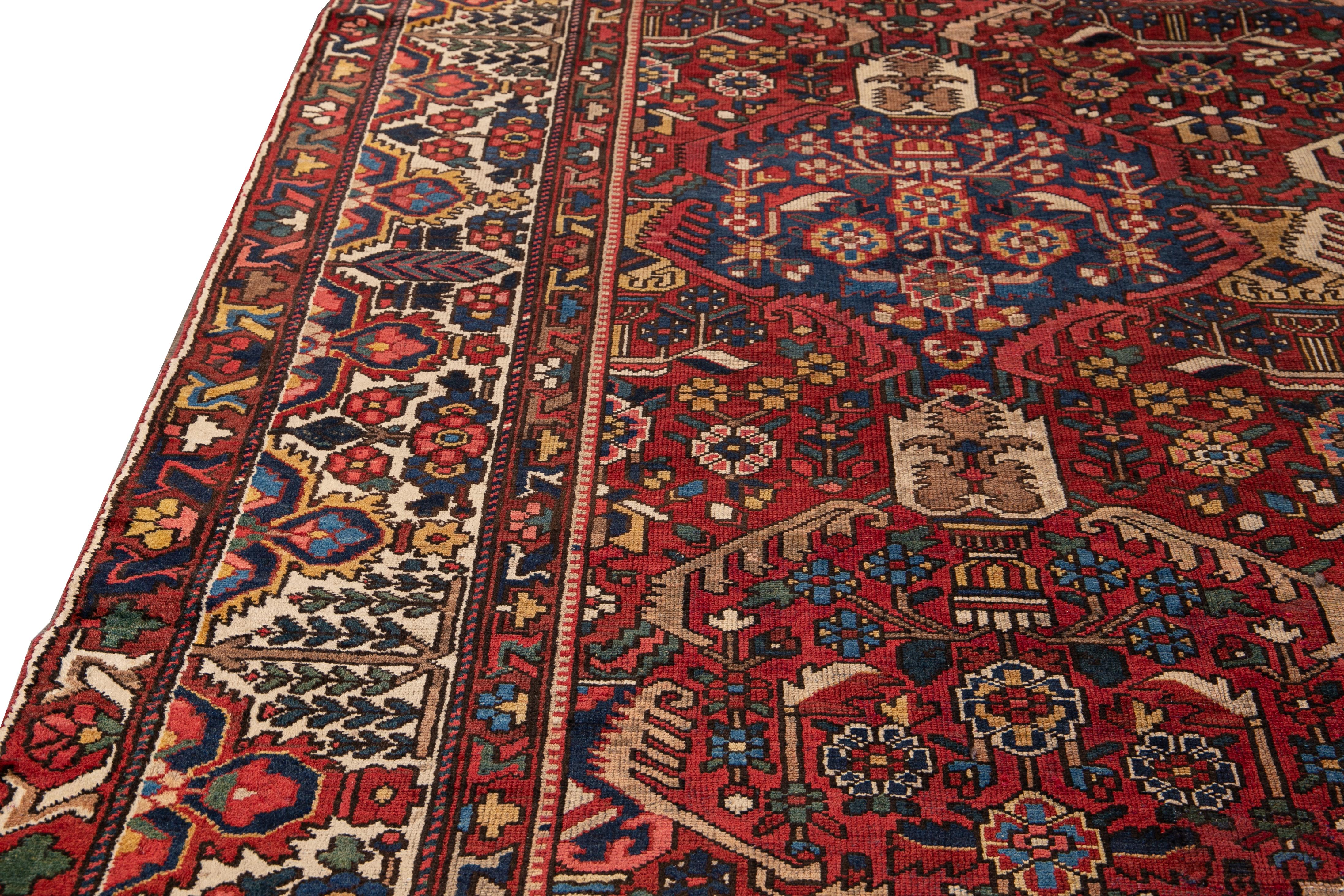 Antique Bakhtiari Persian Handmade Red Floral Wool Rug For Sale 3