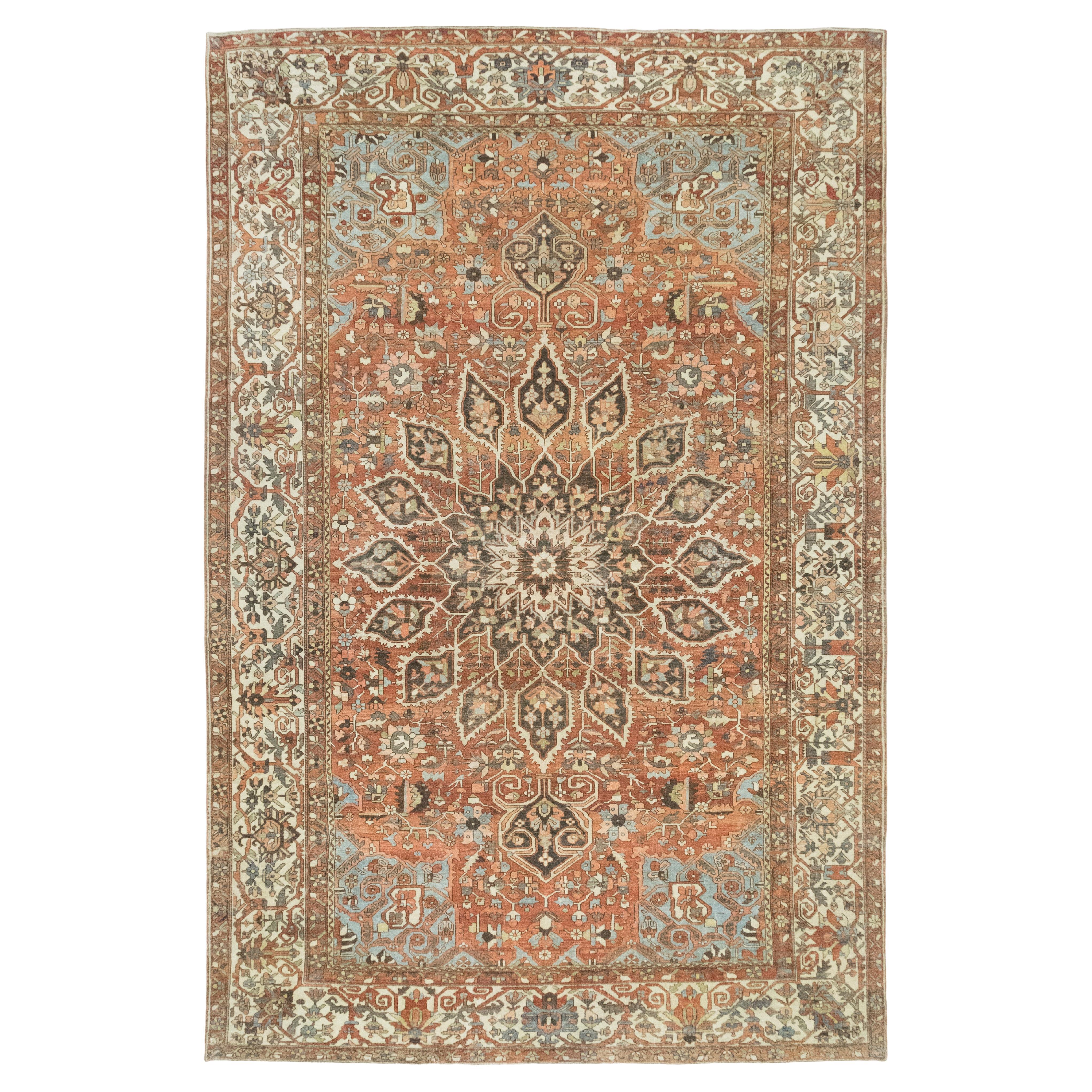 Antique Bakhtiari Rug, Hand Knotted, 19.2 × 12.5 ft – Terracotta, Blue and Ivory