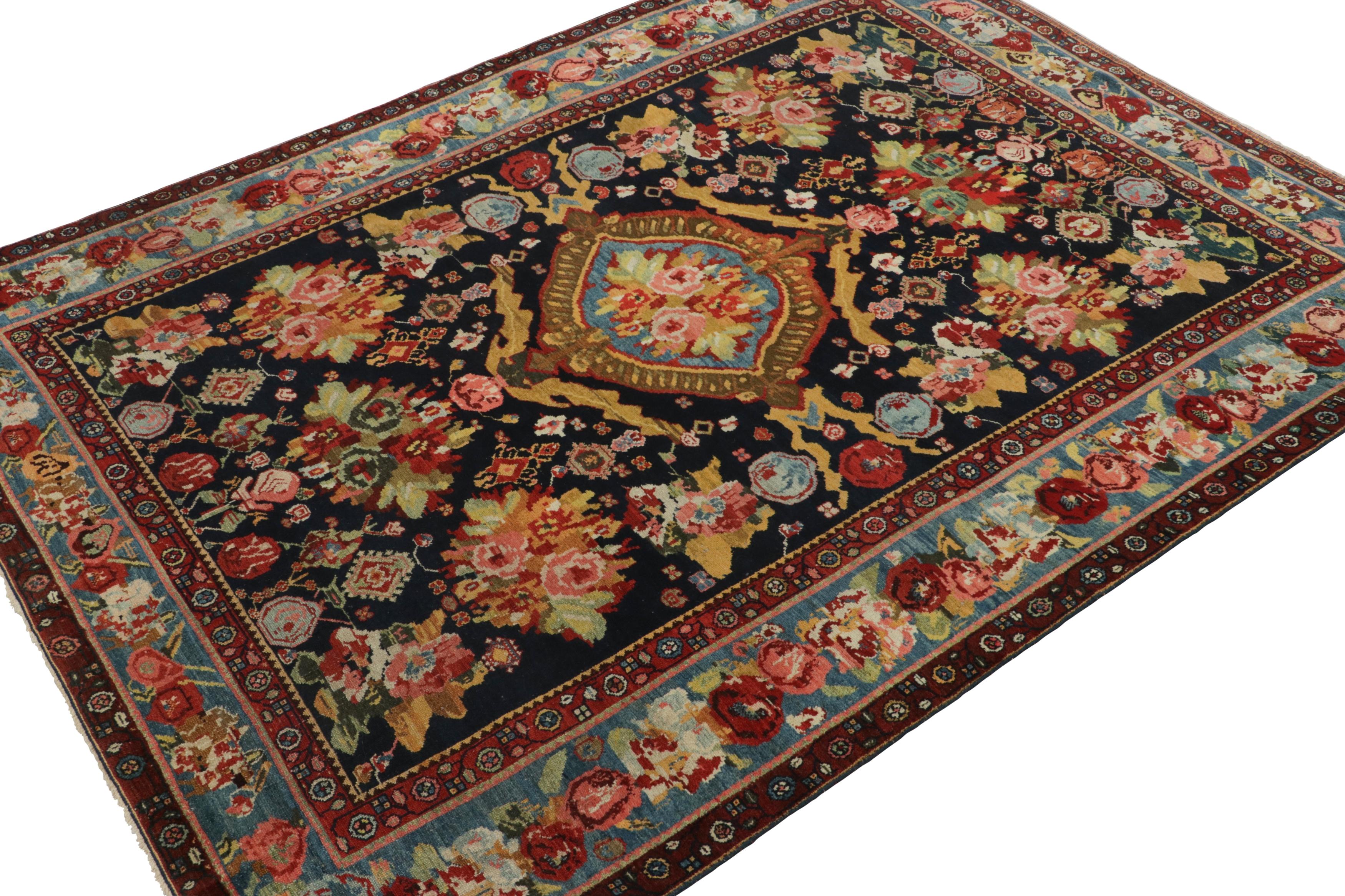 Hand-Knotted Antique Bakhtiari-Style Rug in Black with Colorful Floral Medallion  Rug & Kilim For Sale