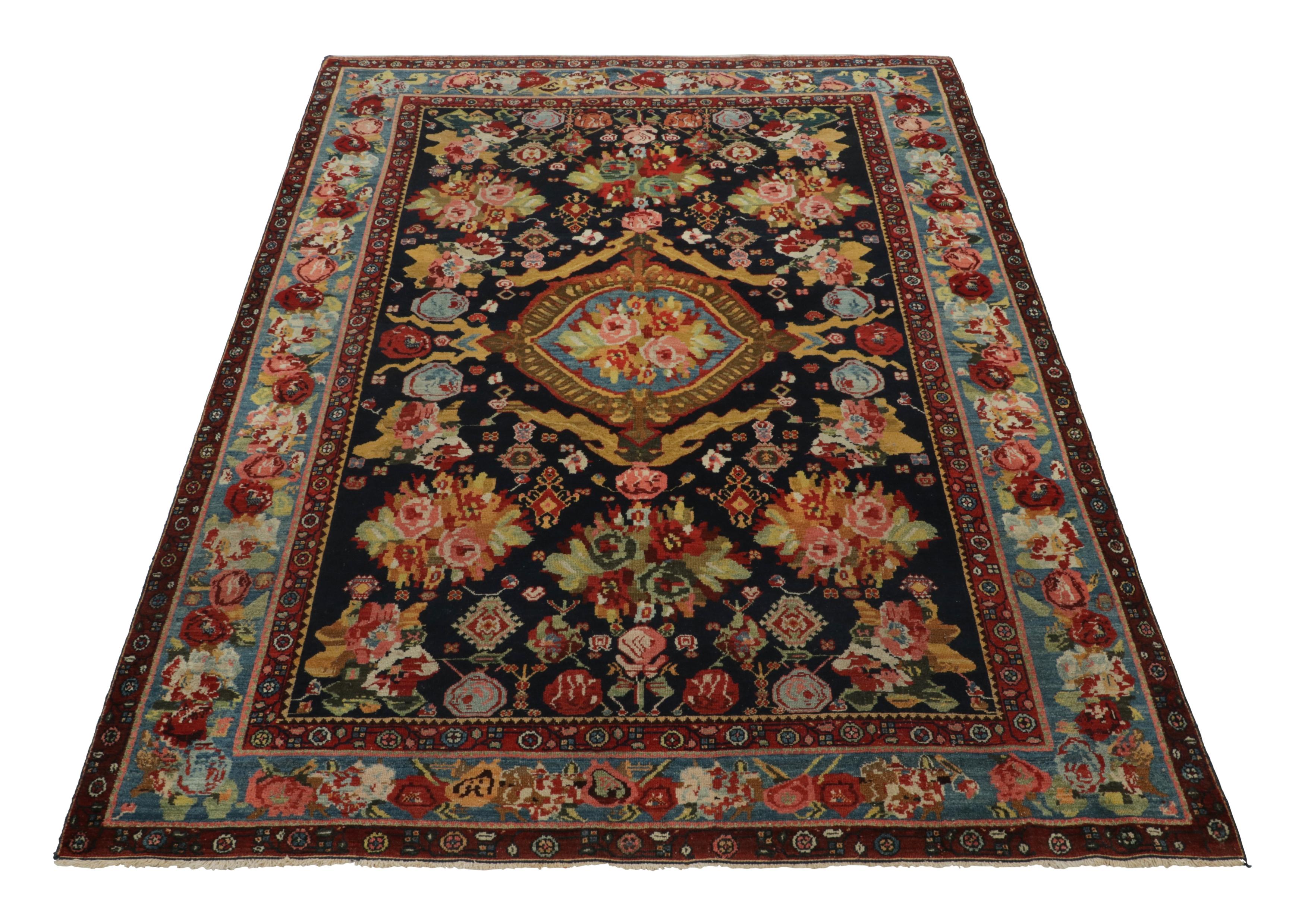 Antique Bakhtiari-Style Rug in Black with Colorful Floral Medallion  Rug & Kilim In Good Condition For Sale In Long Island City, NY