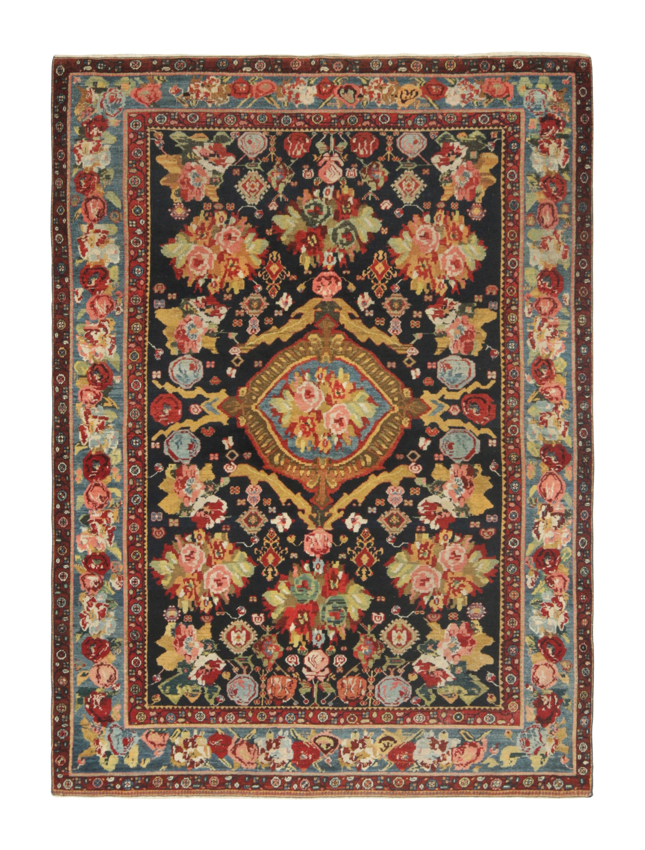 Antique Bakhtiari-Style Rug in Black with Colorful Floral Medallion  Rug & Kilim For Sale
