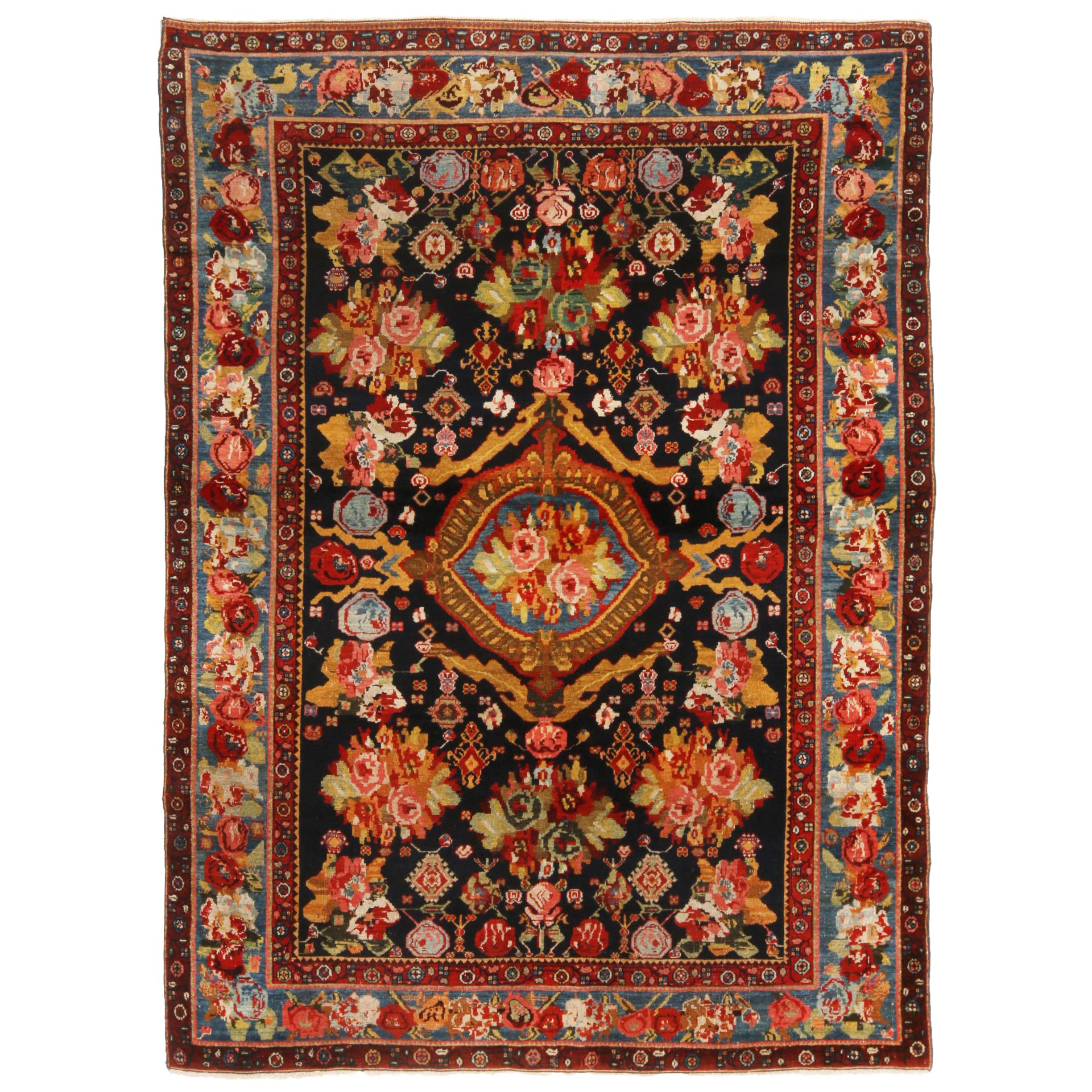 Antique Bakhtiari Traditional Red and Black Wool Persian Rug with  Carnations For Sale at 1stDibs