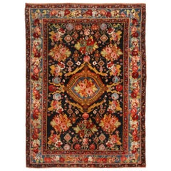 Antique Bakhtiari Traditional Red and Black Wool Persian Rug with Carnations