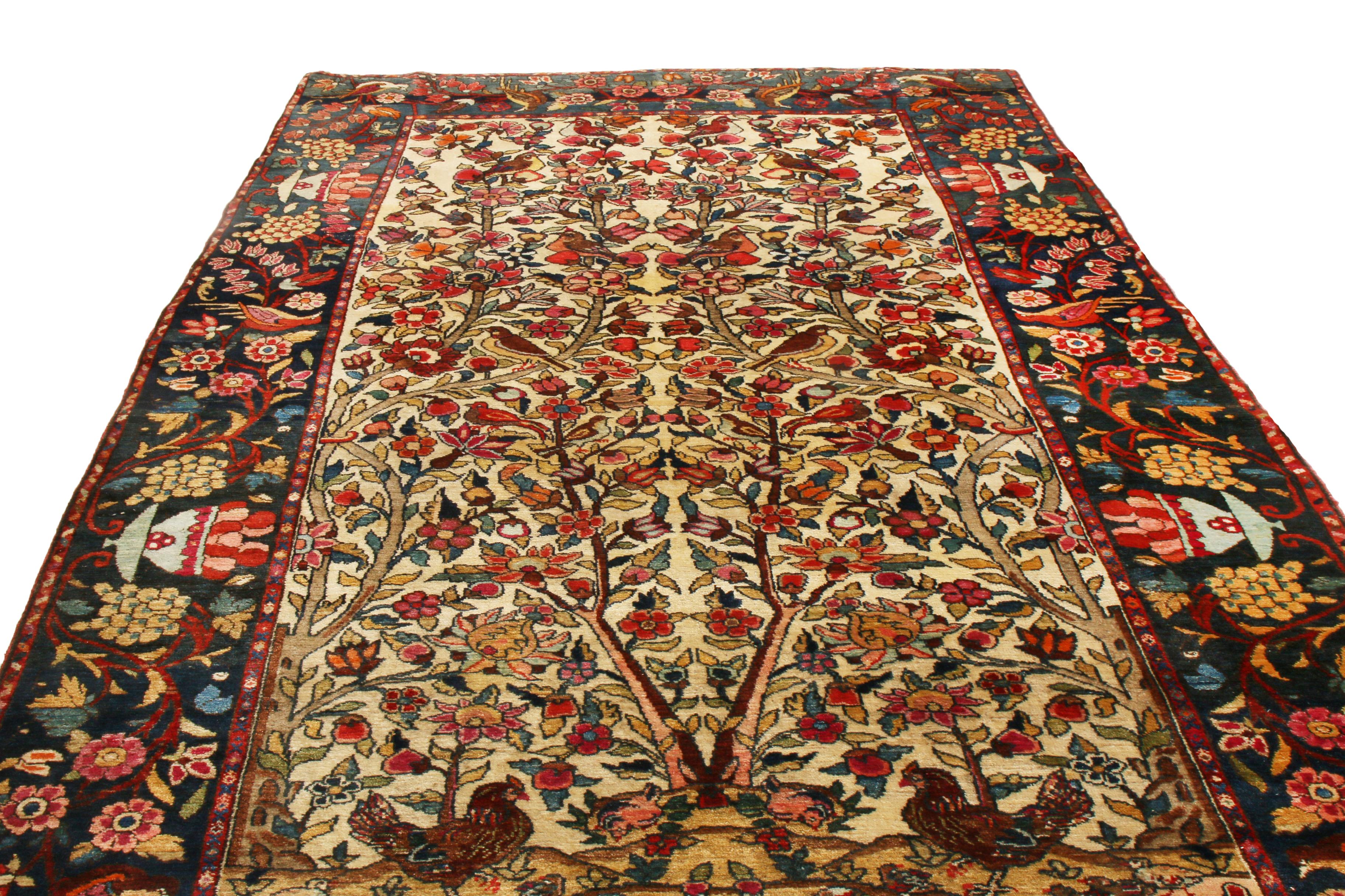 Originating from Persia between 1880-1890, this antique traditional Bakhtiari Persian rug enjoys one of the most highly stylized all over patterns of its era. Hand knotted in high quality, luminous wool, the field and border alike portray a series