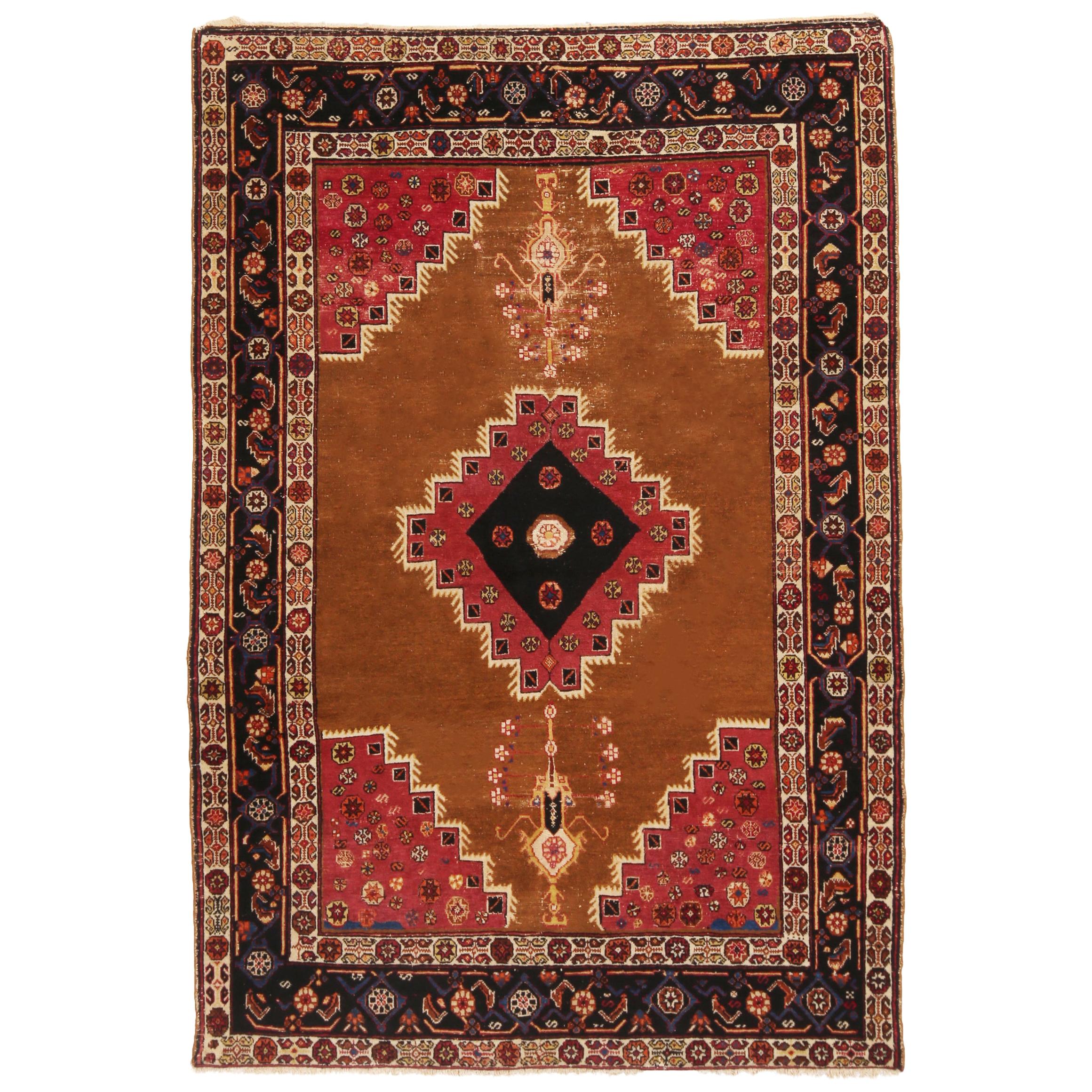 Antique Bakhtiari Transitional Red and Copper Brown Wool Rug