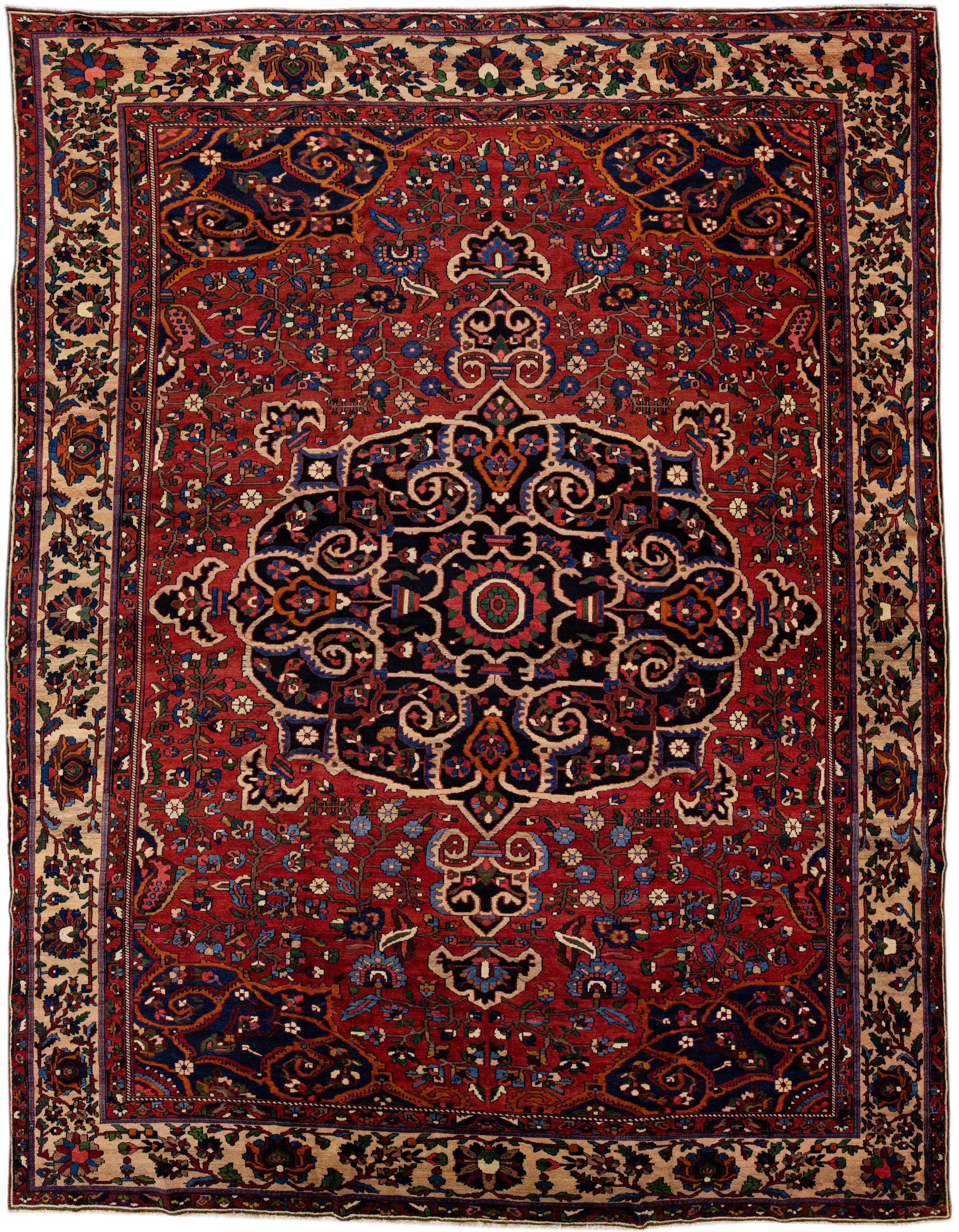 20th Century Red Handmade Bakhtiari Wool Rug With Rosette Motif  For Sale