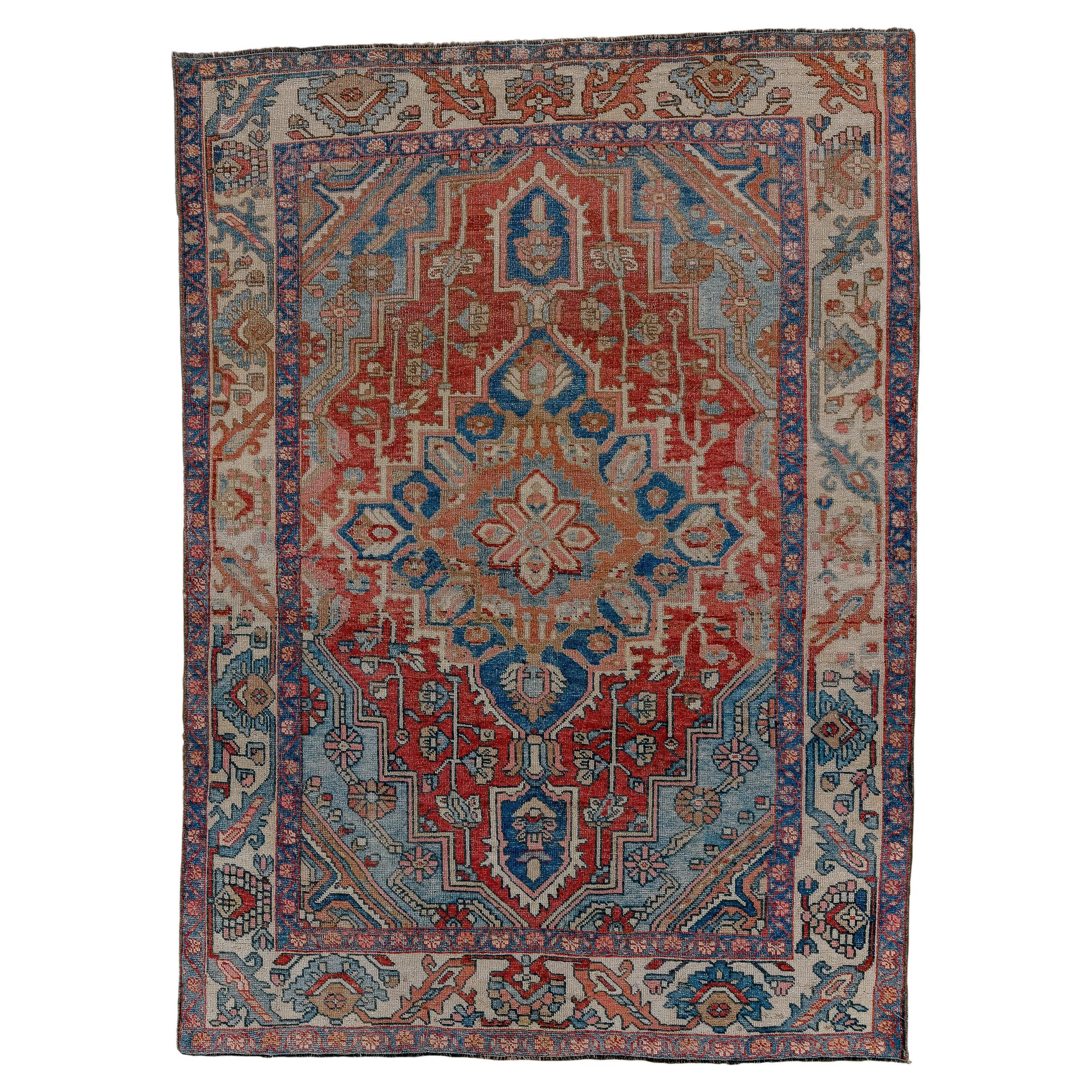 Antique Bakhtiary with Red Field and Shades of Blue Details, Circa 1920's For Sale