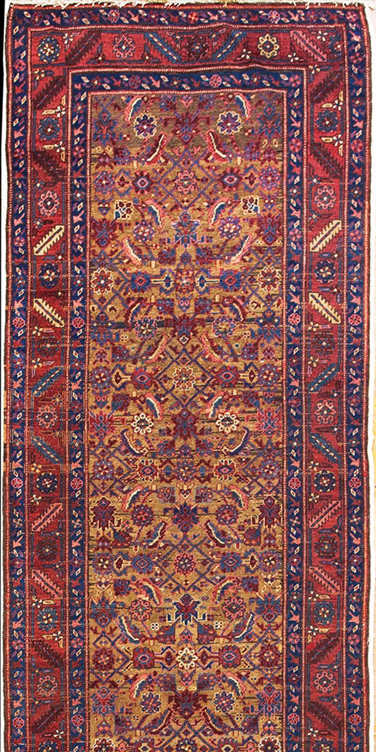 The camel-tone field is well-covered by a centralized allover Herati design detailed in royal blue, cream and madder red. The same red grounds the main border with its iconic Azerbaijani double serrated slanted leaf and rosette pattern. Dark blue