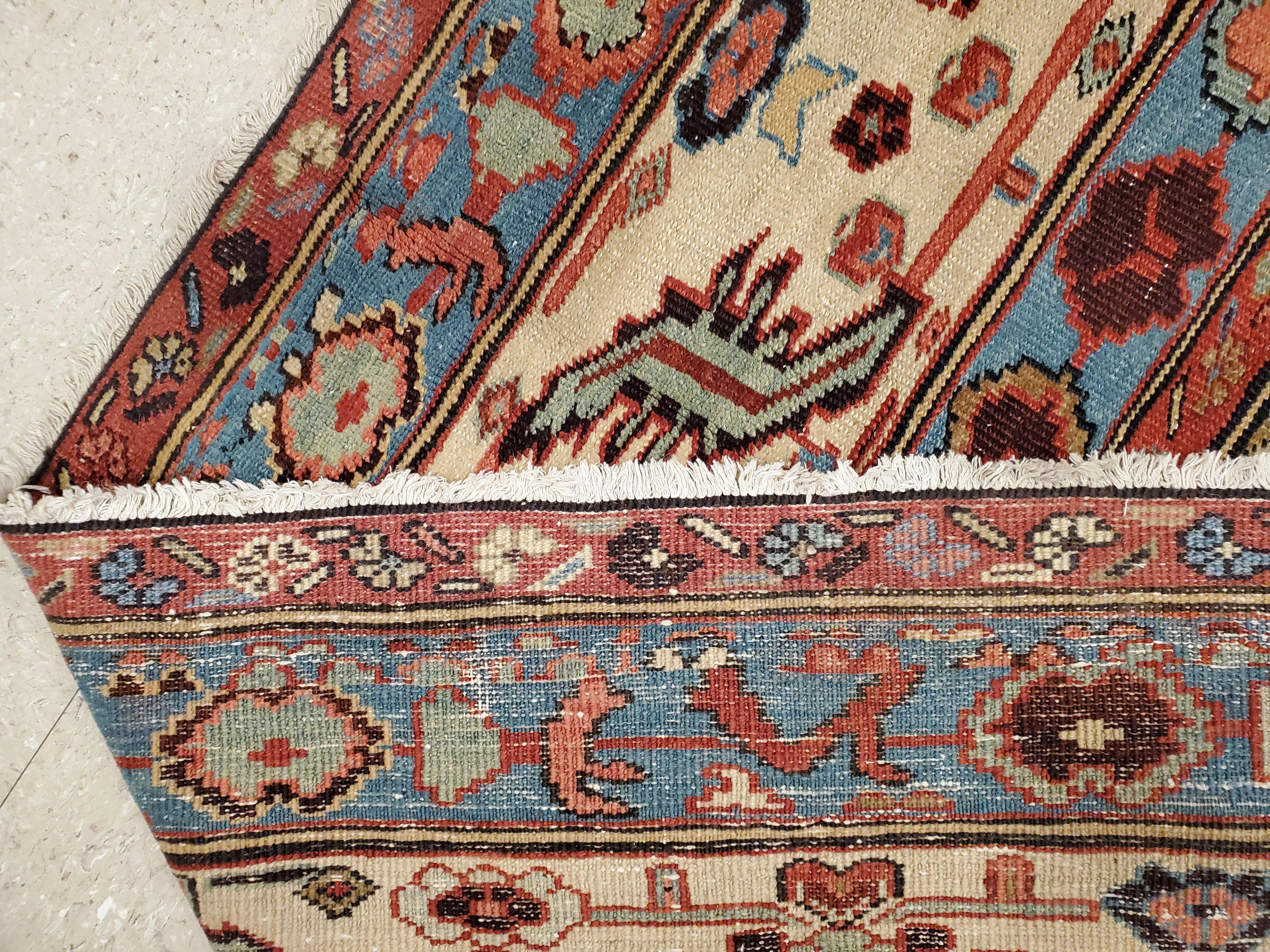 Antique Bakshaish Carpet, Oriental Persian Handmade in Ivory, Blue and Red For Sale 6