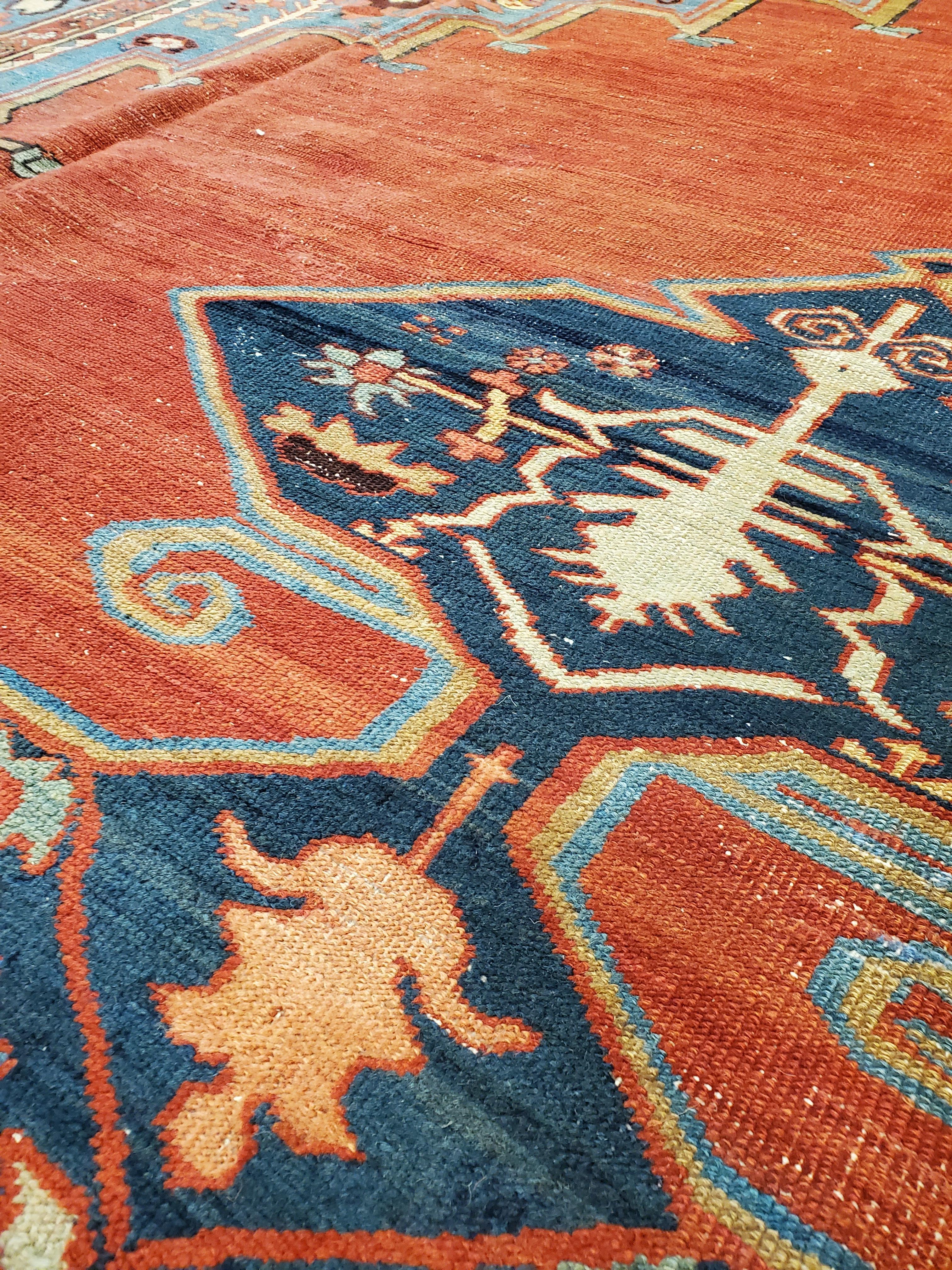 Hand-Knotted Antique Bakshaish Carpet, Oriental Persian Handmade in Ivory, Blue and Red For Sale