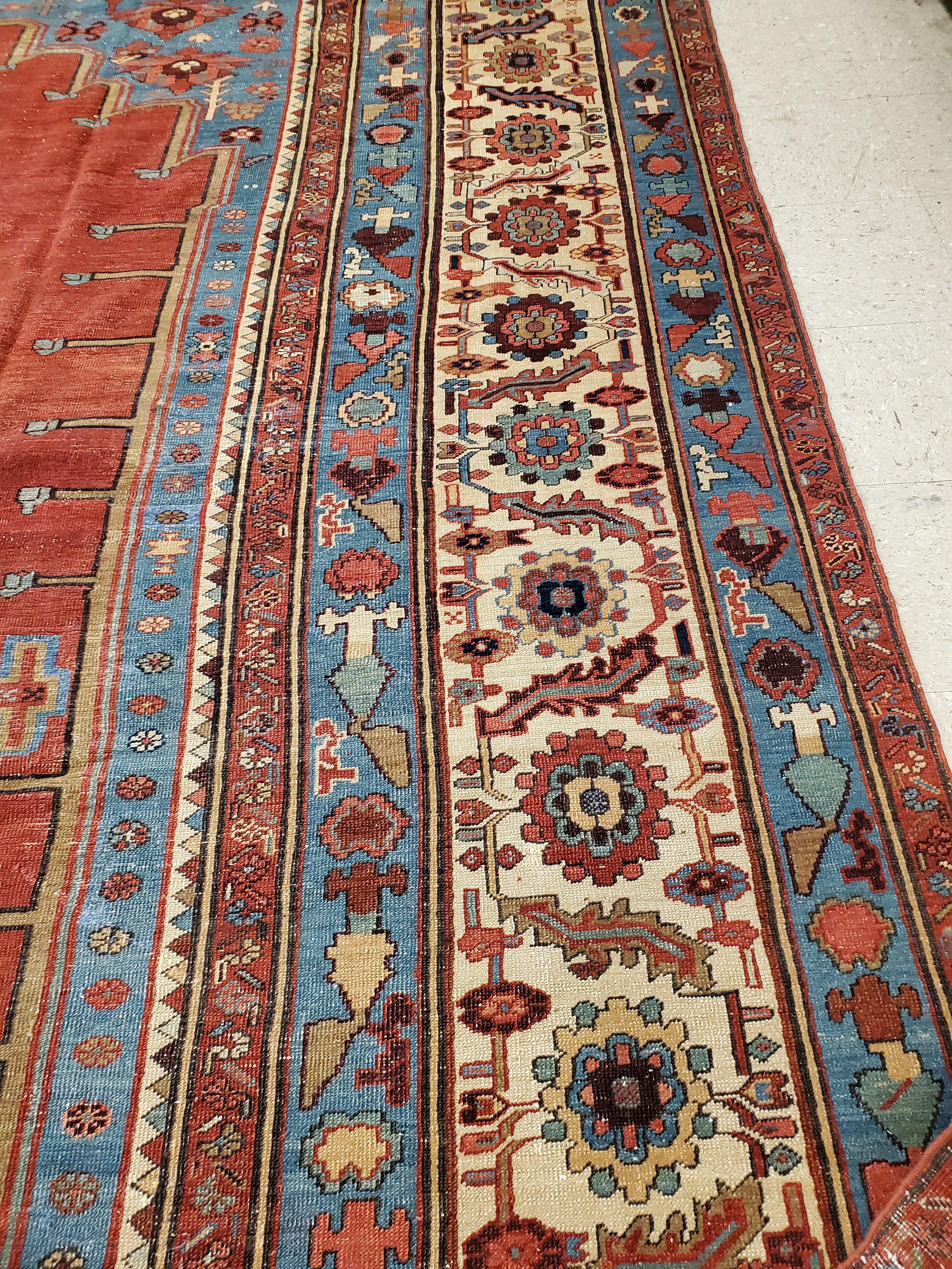 19th Century Antique Bakshaish Carpet, Oriental Persian Handmade in Ivory, Blue and Red For Sale