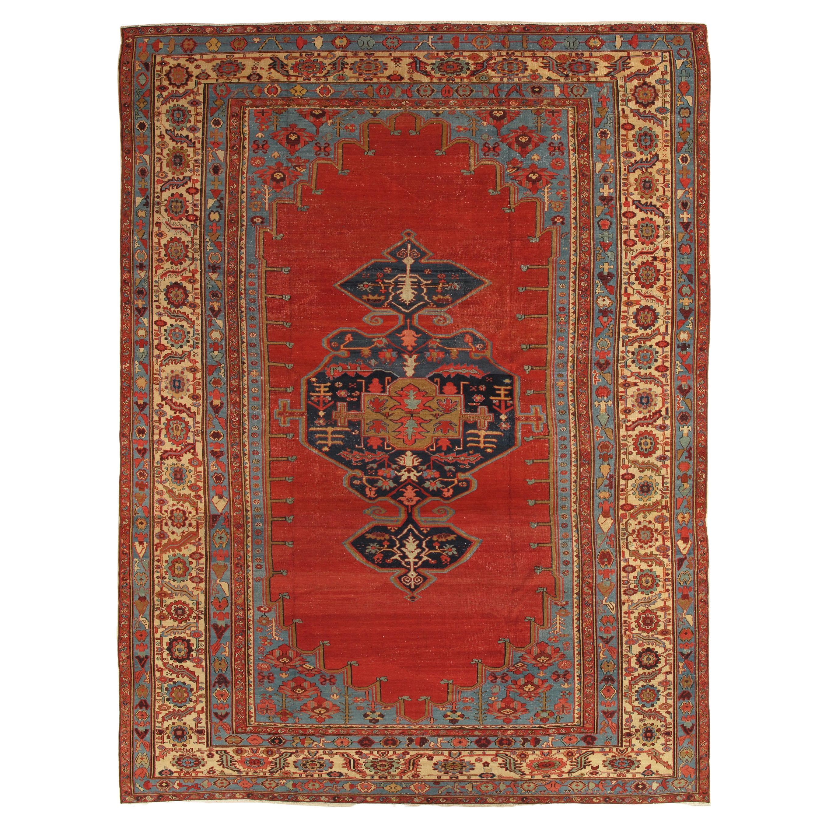 Antique Bakshaish Carpet, Oriental Persian Handmade in Ivory, Blue and Red